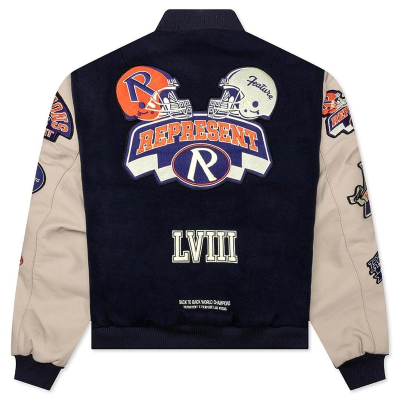 REPRESENT FEATURE X REPRESENT CHAMPIONS VARSITY JACKET - MIDNIGHT NAVY outlook
