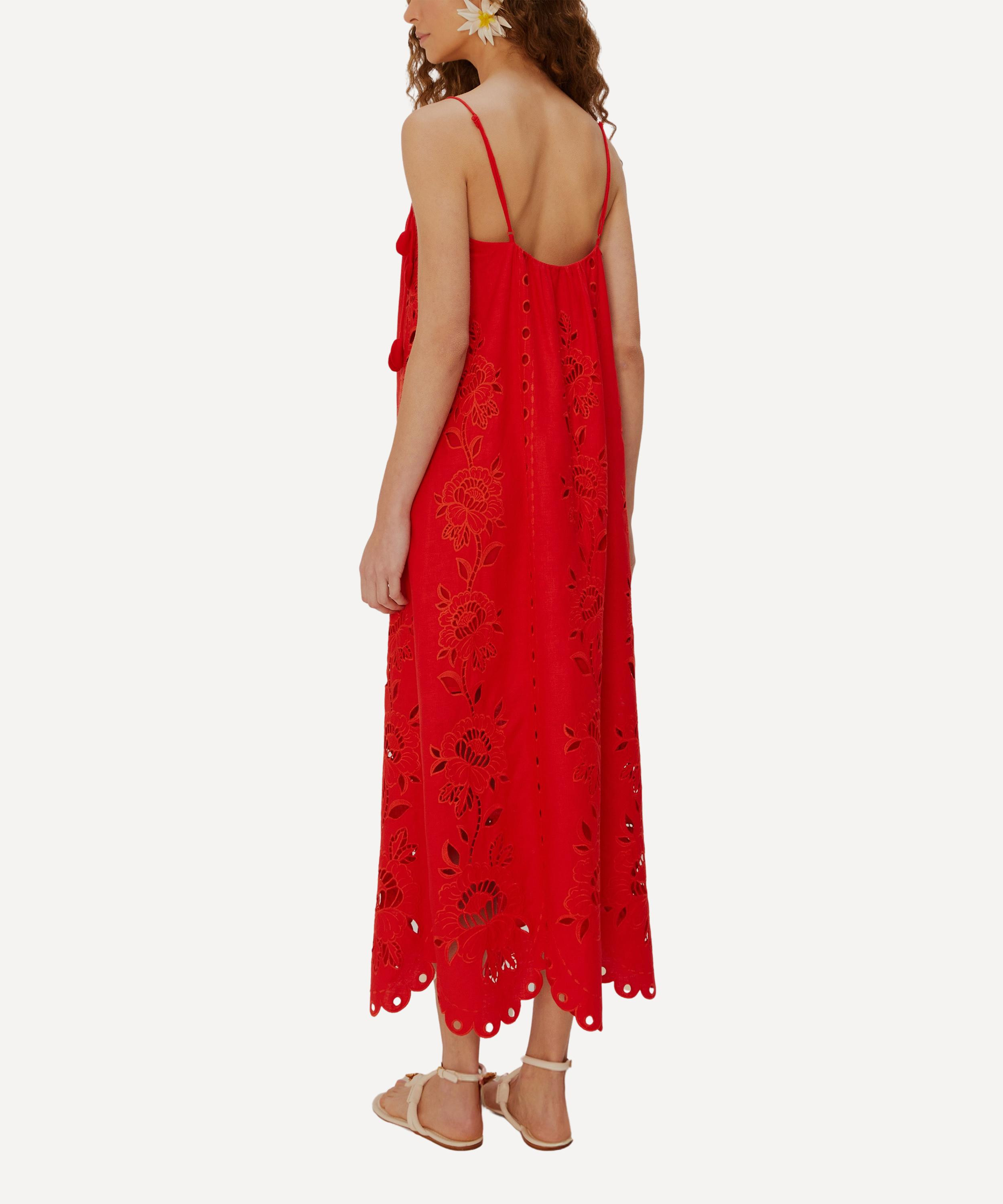 Red Flowers Richelieu Linen Sleeveless Maxi Dress - 2