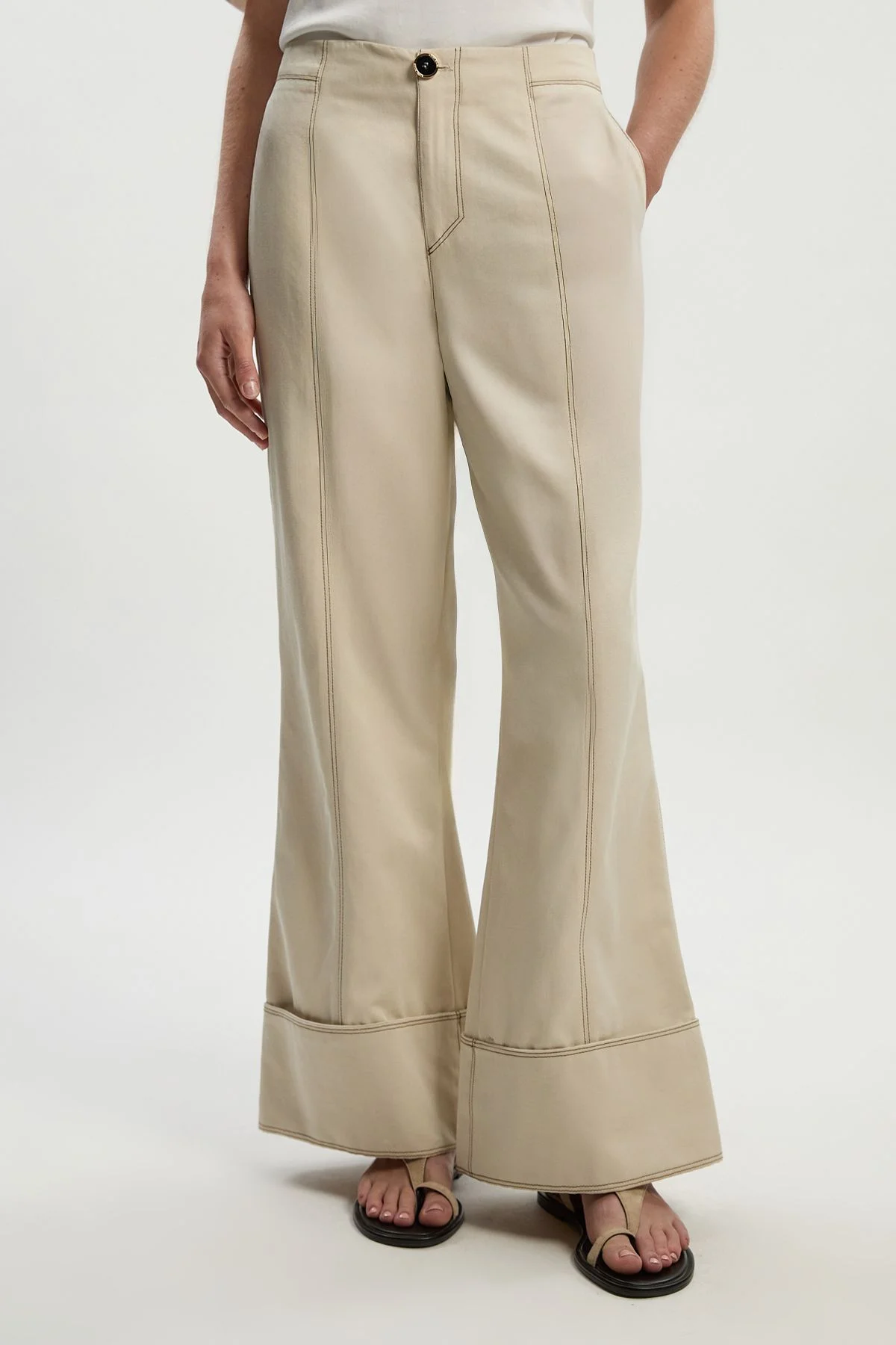 Tencel Cotton Contrast Stitch Woven Straight Leg Trouser - 1
