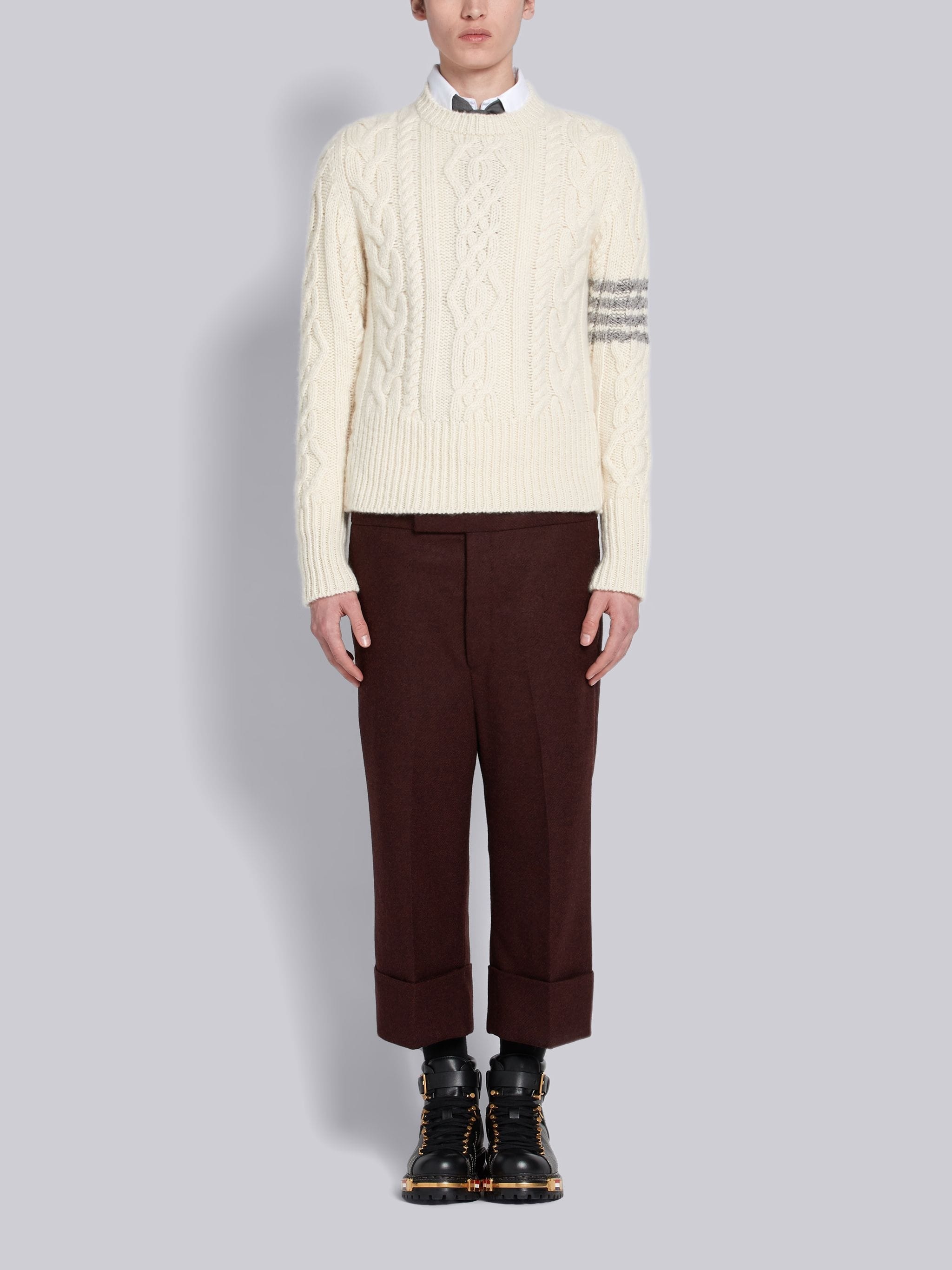 White Cashmere Aran Cable 4-bar Crew Neck Pullover - 4