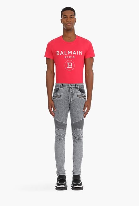 Slim gray cotton jeans with Balmain monogram - 4