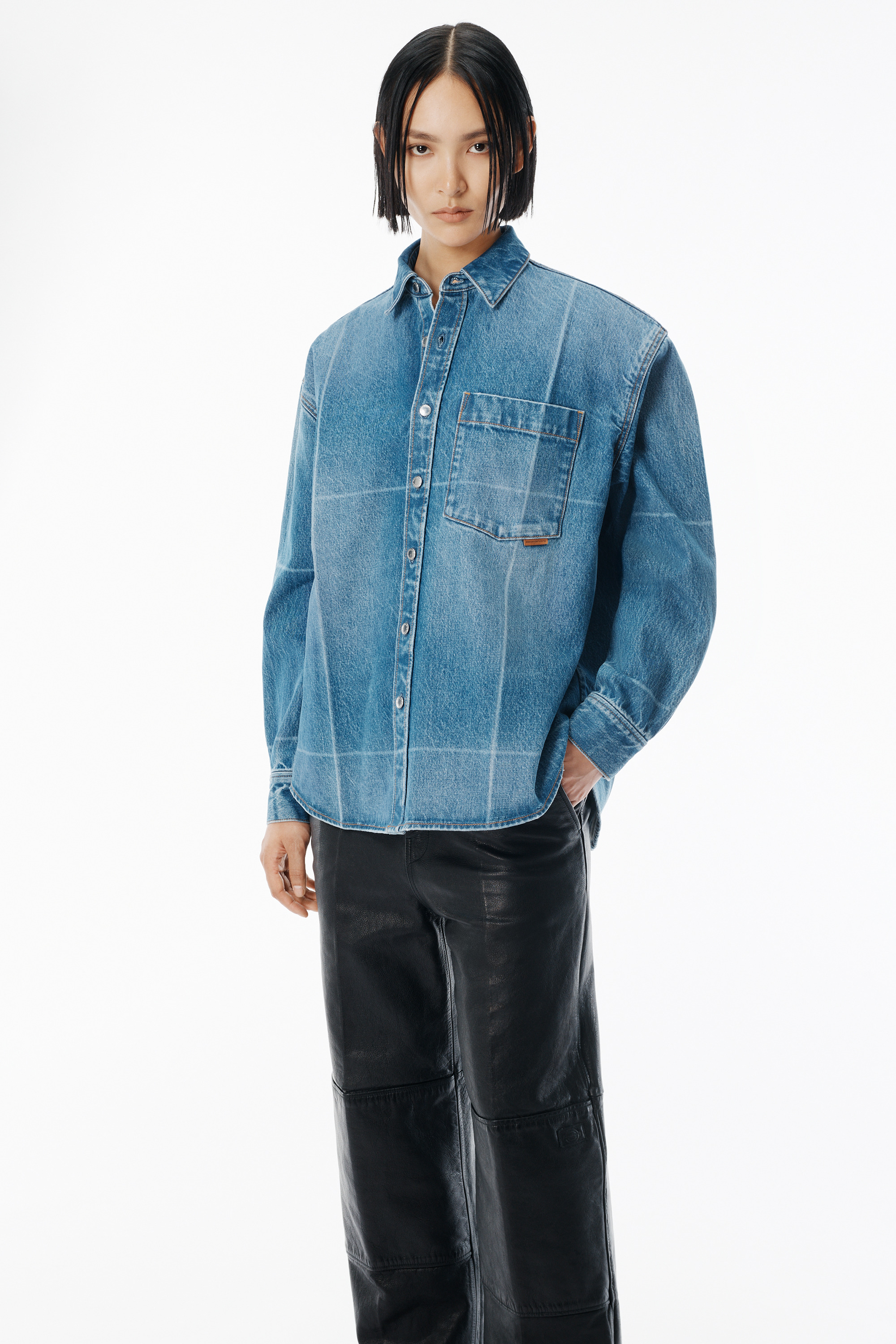 Vintage-Effect Marbled Blue Denim Foldline Shirt - 3