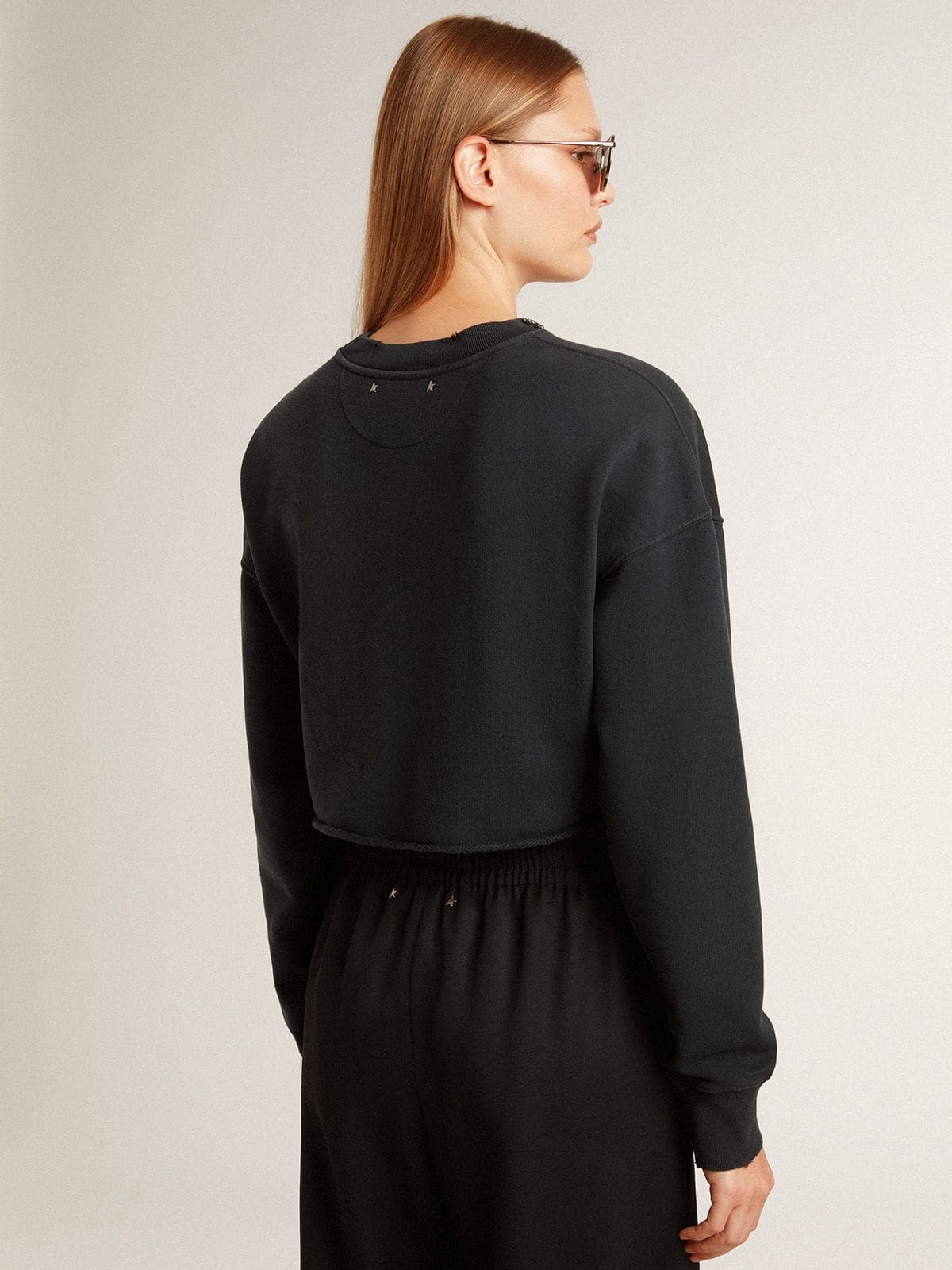 Women's cropped cotton sweatshirt with crystals on the front - 4