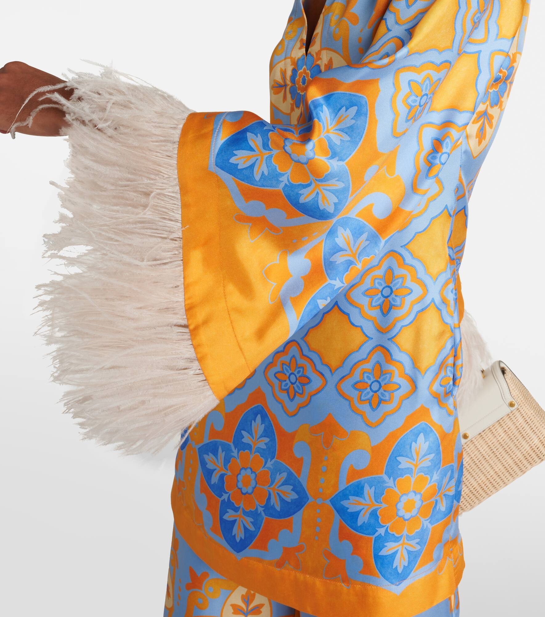 Printed feather-trimmed silk minidress - 5