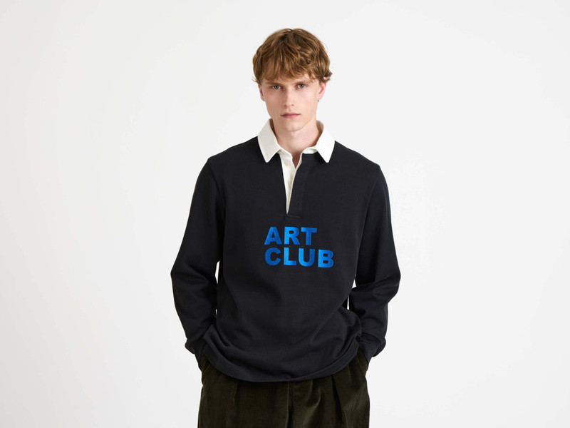'ART CLUB' RUGBY POLO TOP IN WASHED BLACK 8