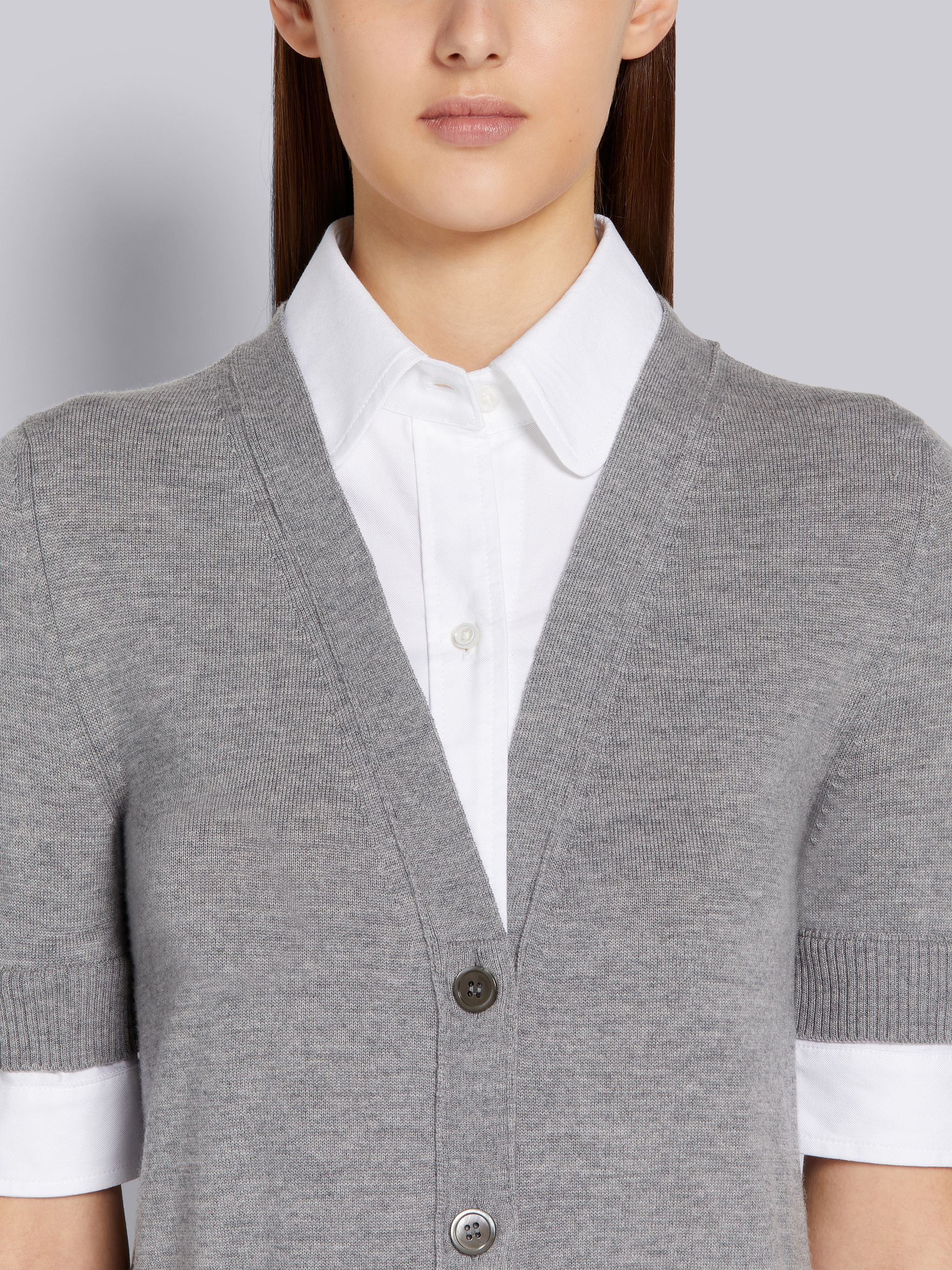 Light Grey Oxford and Fine Merino Wool V-Neck Pullover Combo Shirtdress - 4