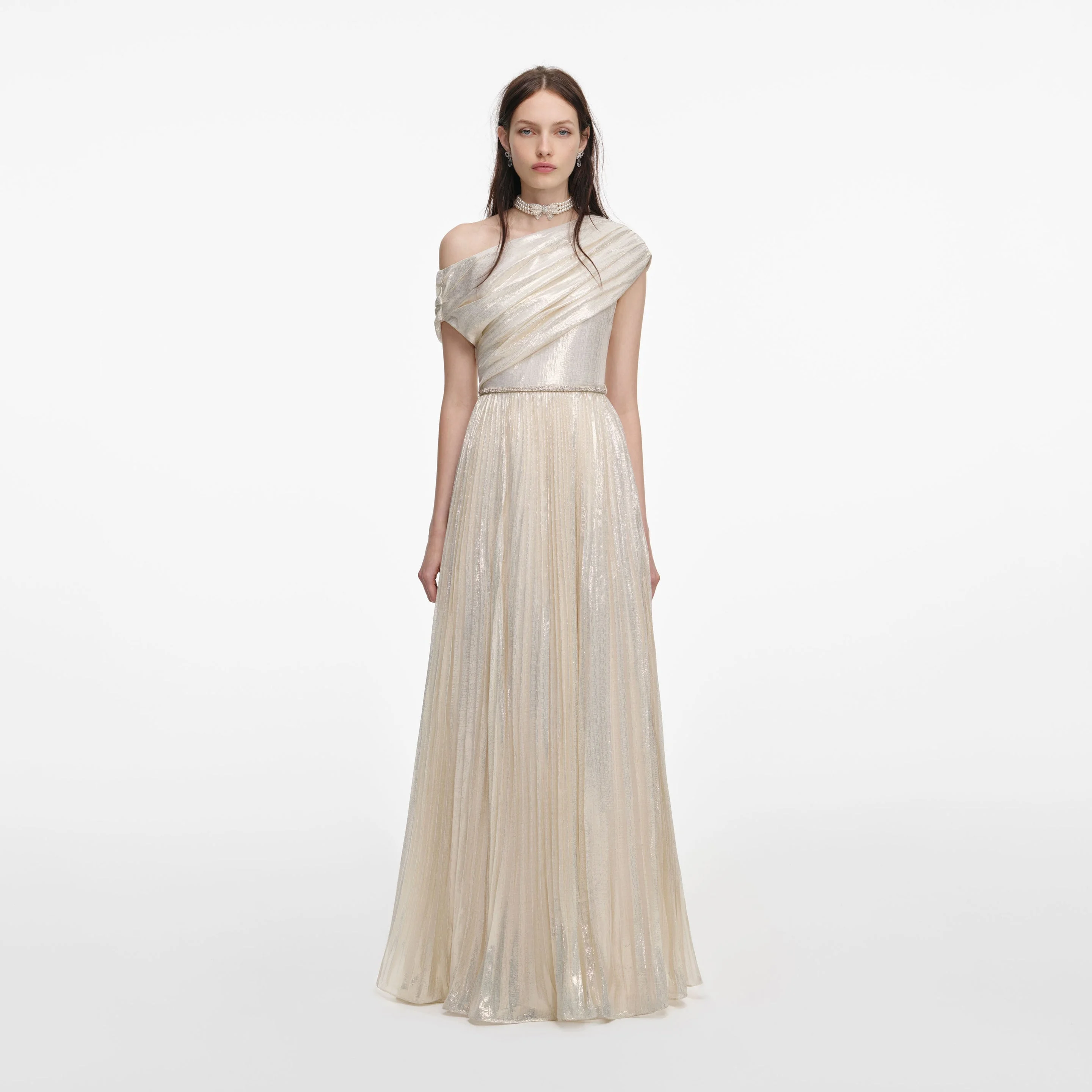 Champagne Metallic Chiffon Maxi Dress - 1