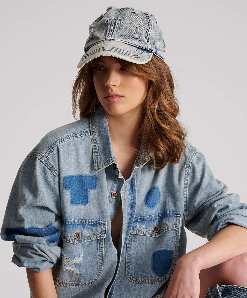 Distressed Denim Cap - Blue - 1