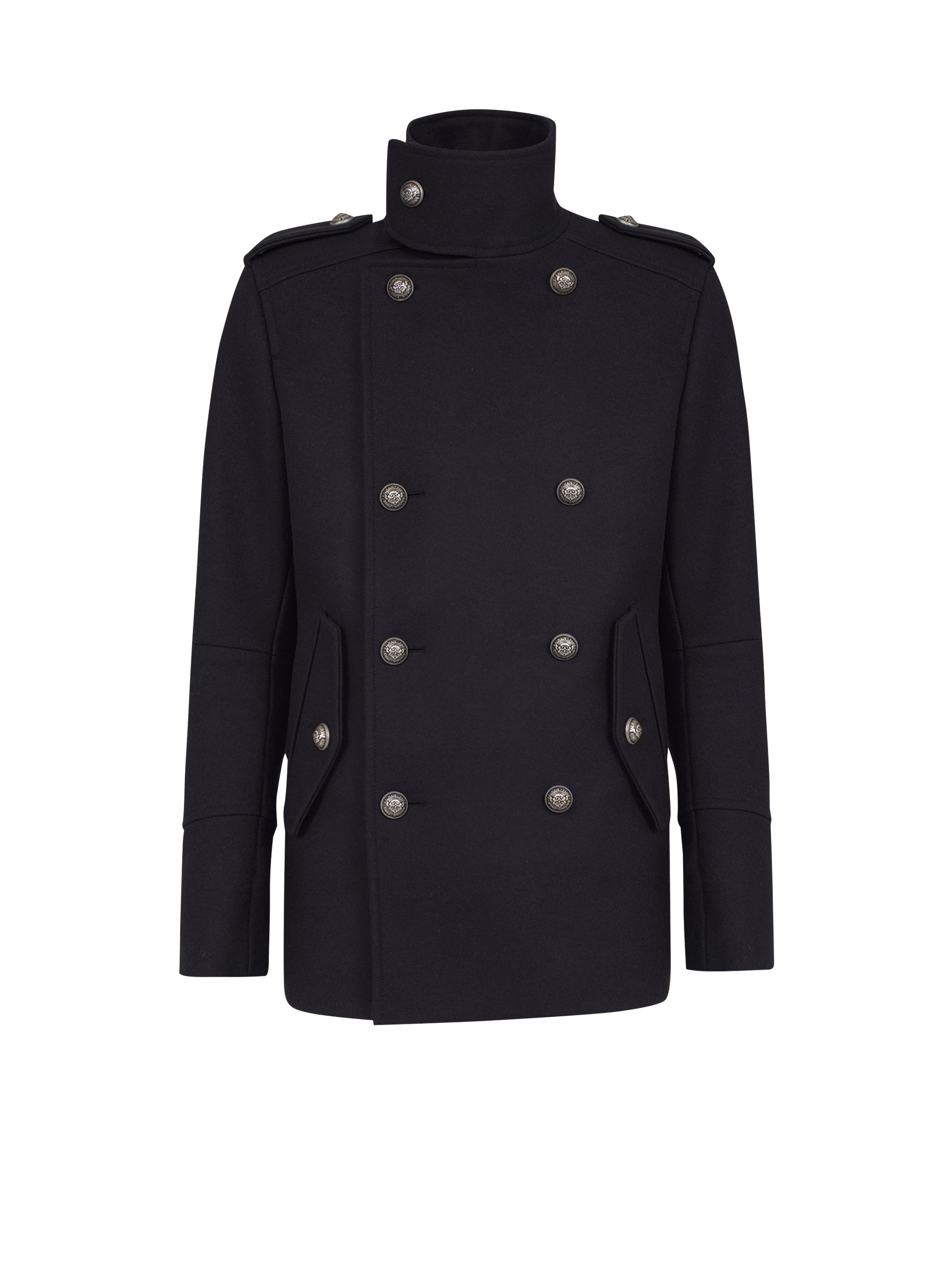 Wool military pea coat with double-breasted silver-tone buttoned fastening - 1