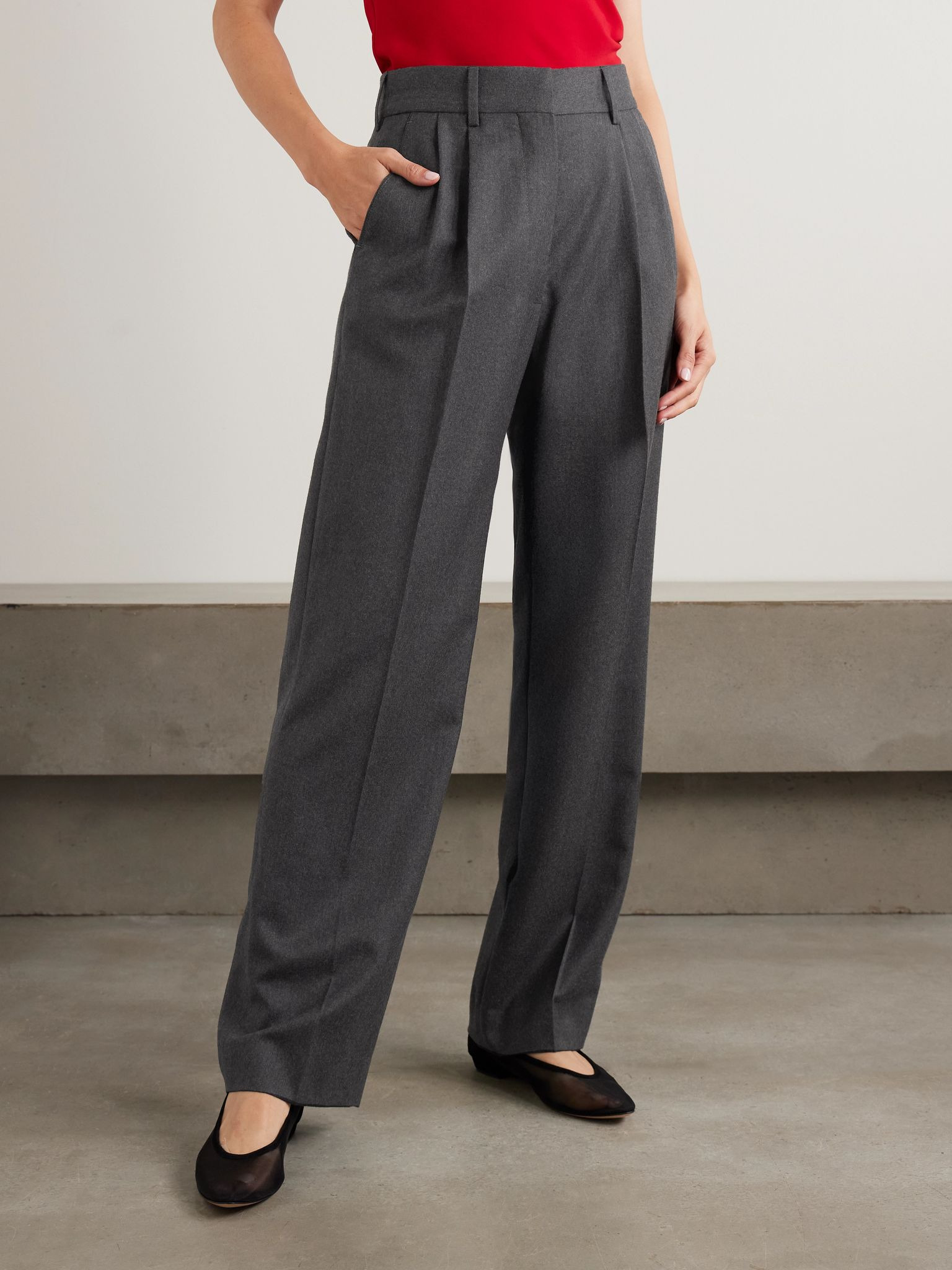 Fox pleated wool-twill straight-leg pants Dark gray - 3
