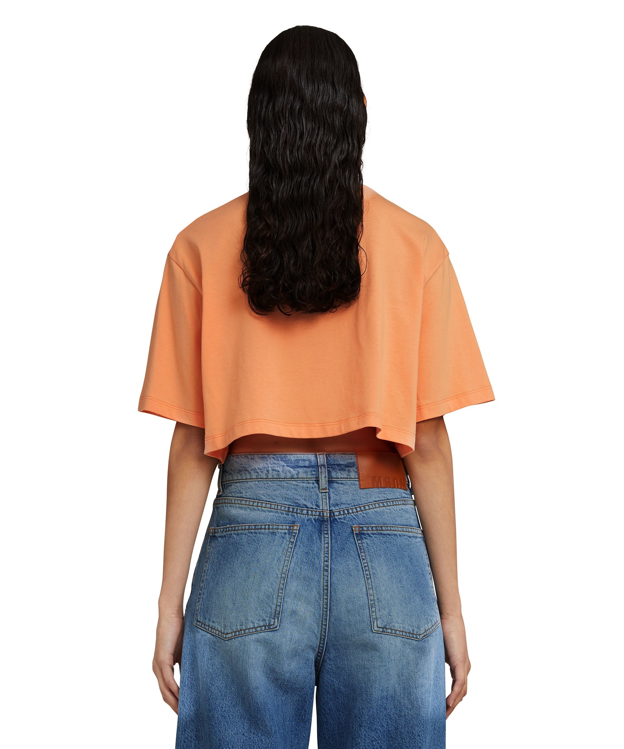 Solid color cotton crop-top crewneck t-shirt with "MSGM Sunset" graphic - 4