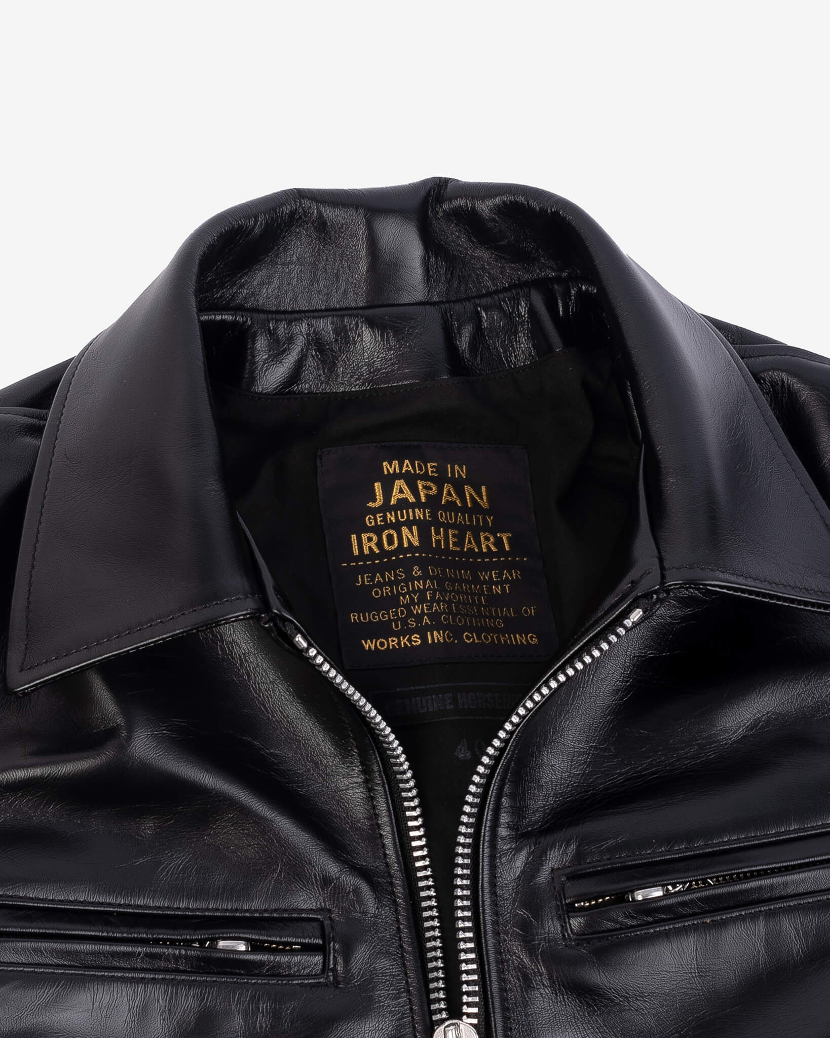IHJ-54-BLK Japanese Horsehide Rider’s Jacket with Collar - Black (Tea-Core Dyed) - 9