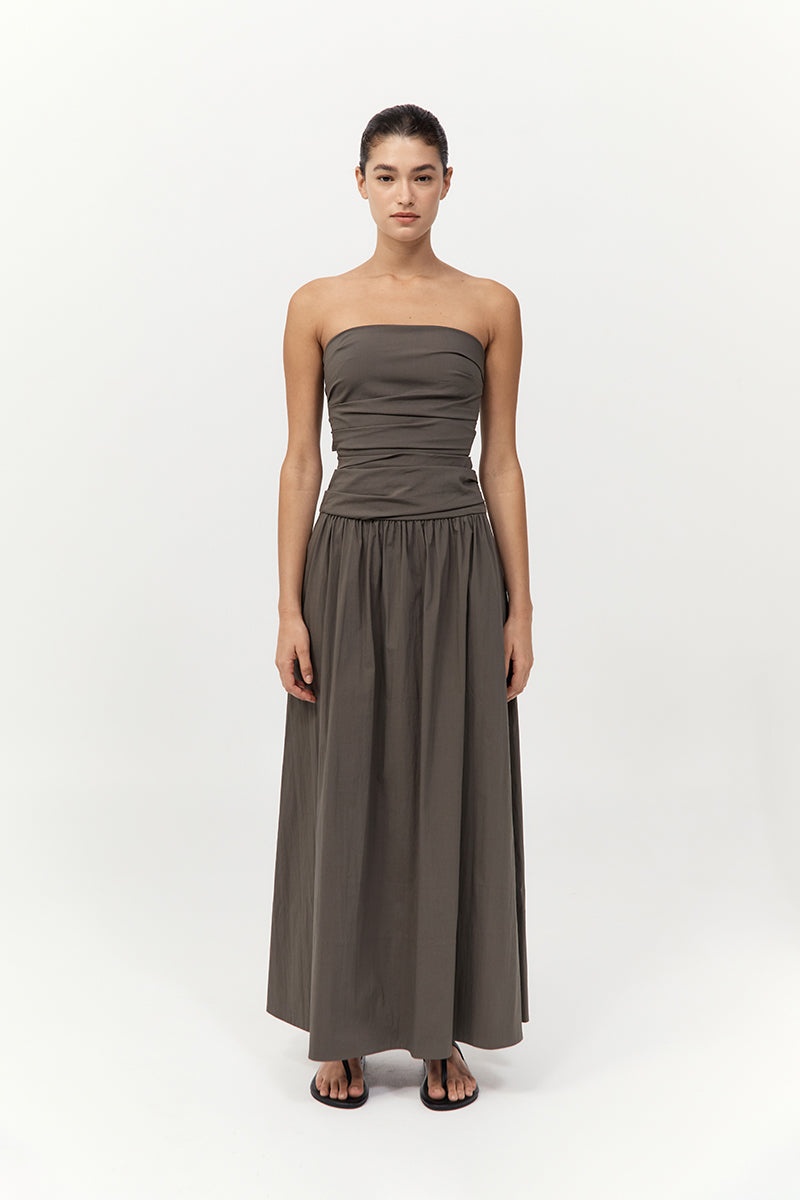 Gathered Strapless Tie Back Dress - Khaki - 2