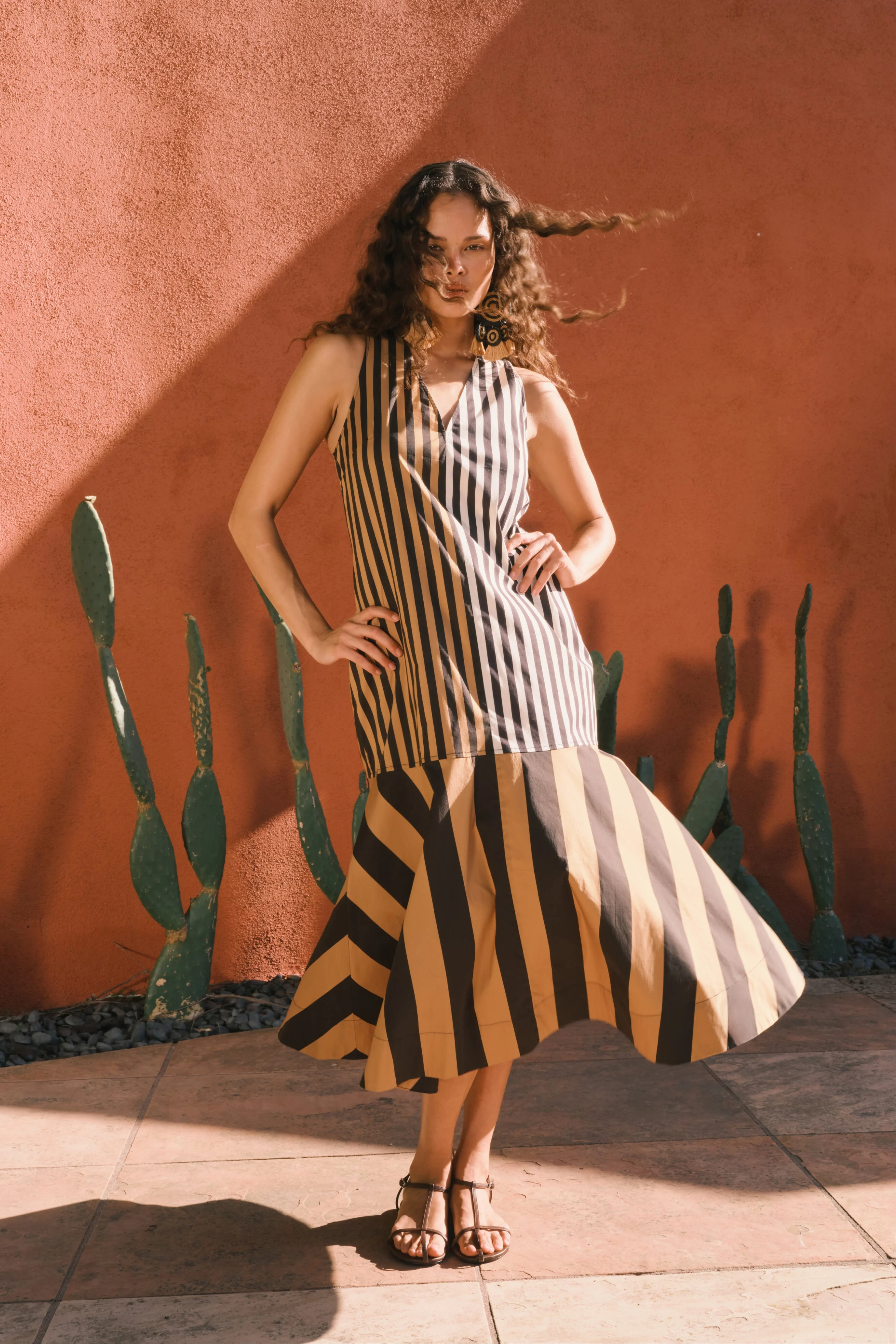 Celeste Poplin Dress In Black/Tan Stripe Combo - 1