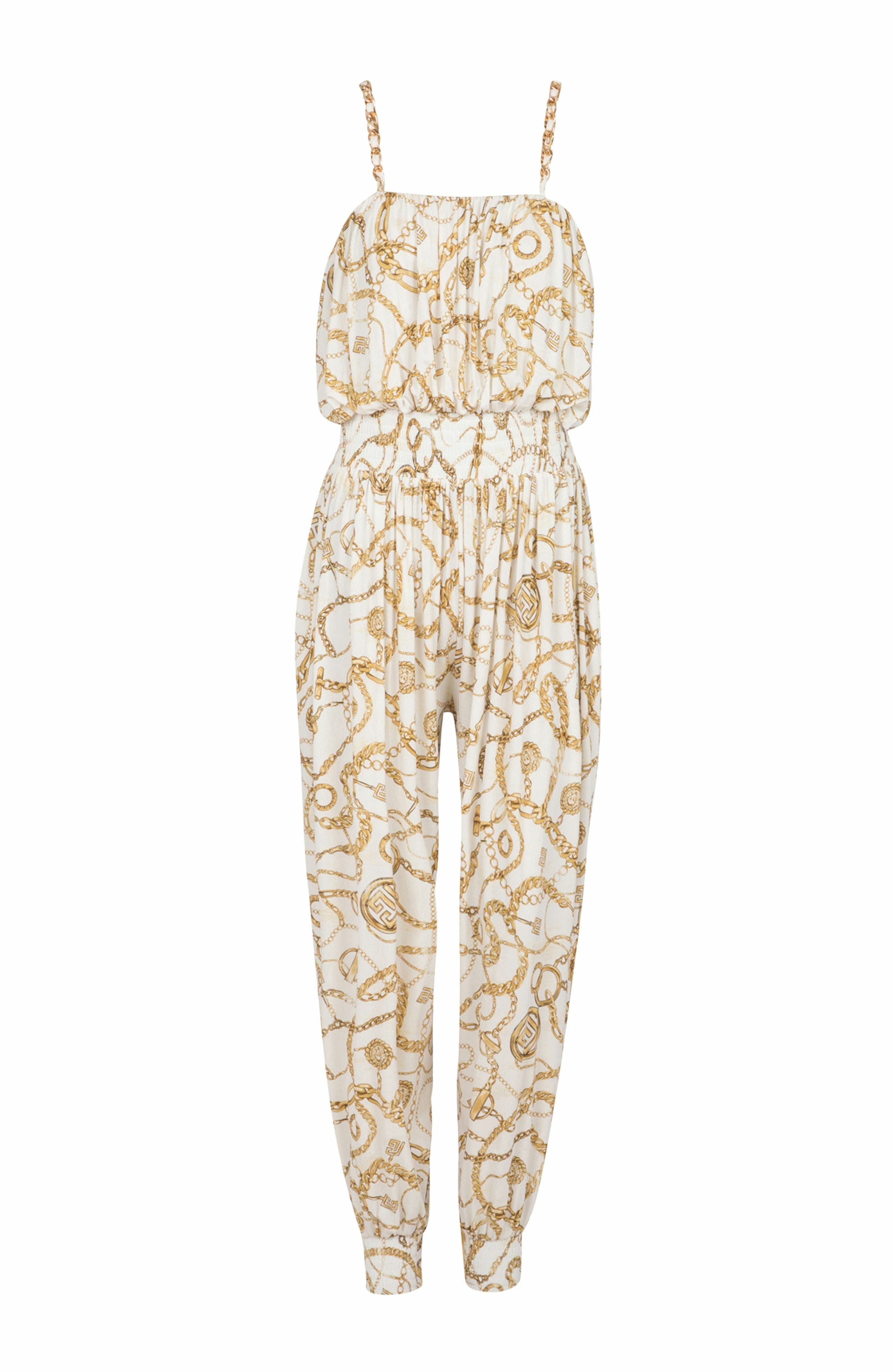 Flowing printed jumpsuit with Balmain Chains pattern in Gold at Nordstrom - 5