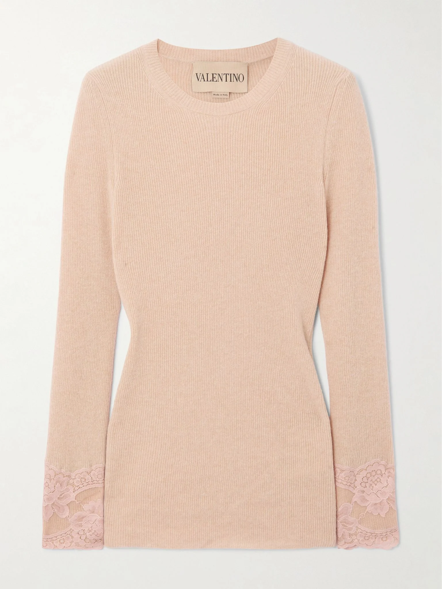 Lace-trimmed ribbed cashmere top Pink - 1