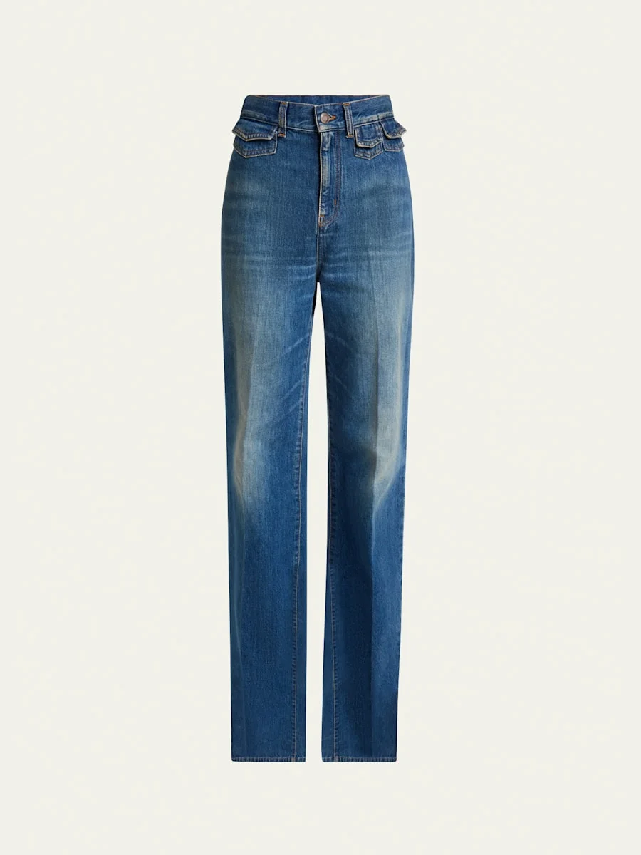 High-Waisted Flared Jeans with Flap Pockets - 1