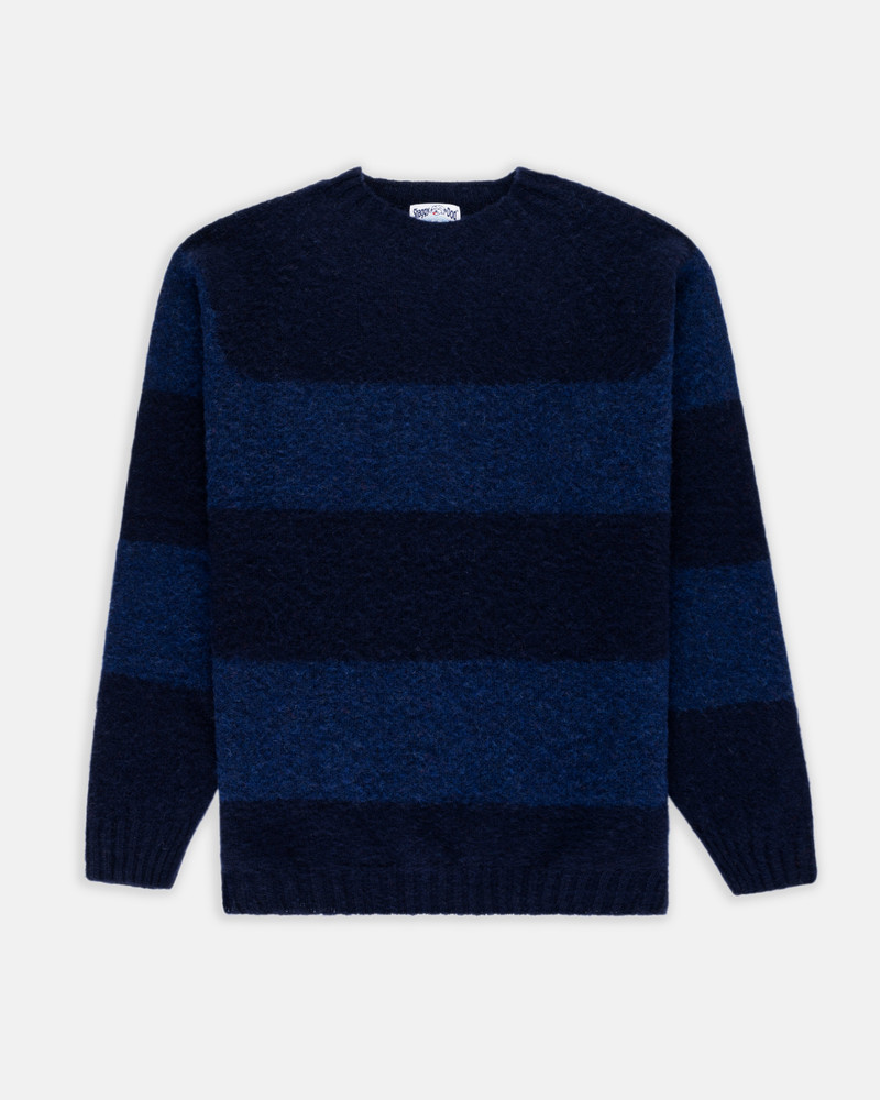 J. PRESS MADE-IN-SCOTLAND BLUE & NAVY SHAGGY DOG BLOCK STRIPE SWEATER - TRIM FIT outlook