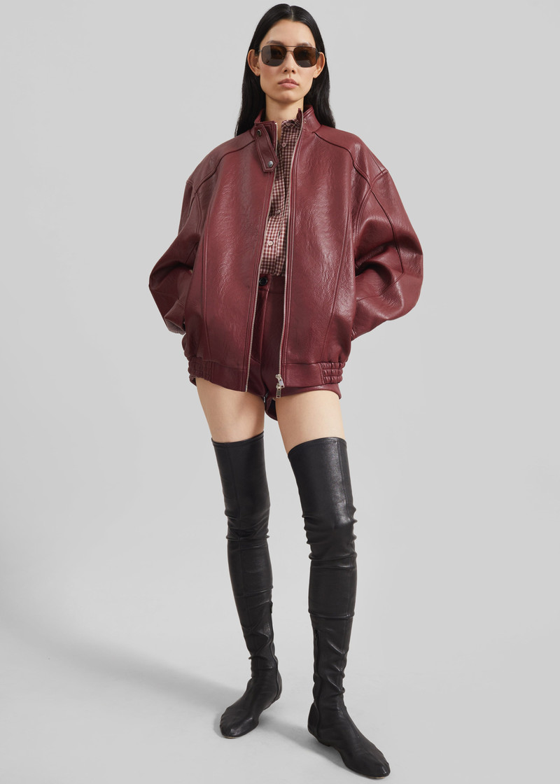 Troye Faux Leather Bomber Jacket - Burgundy 4