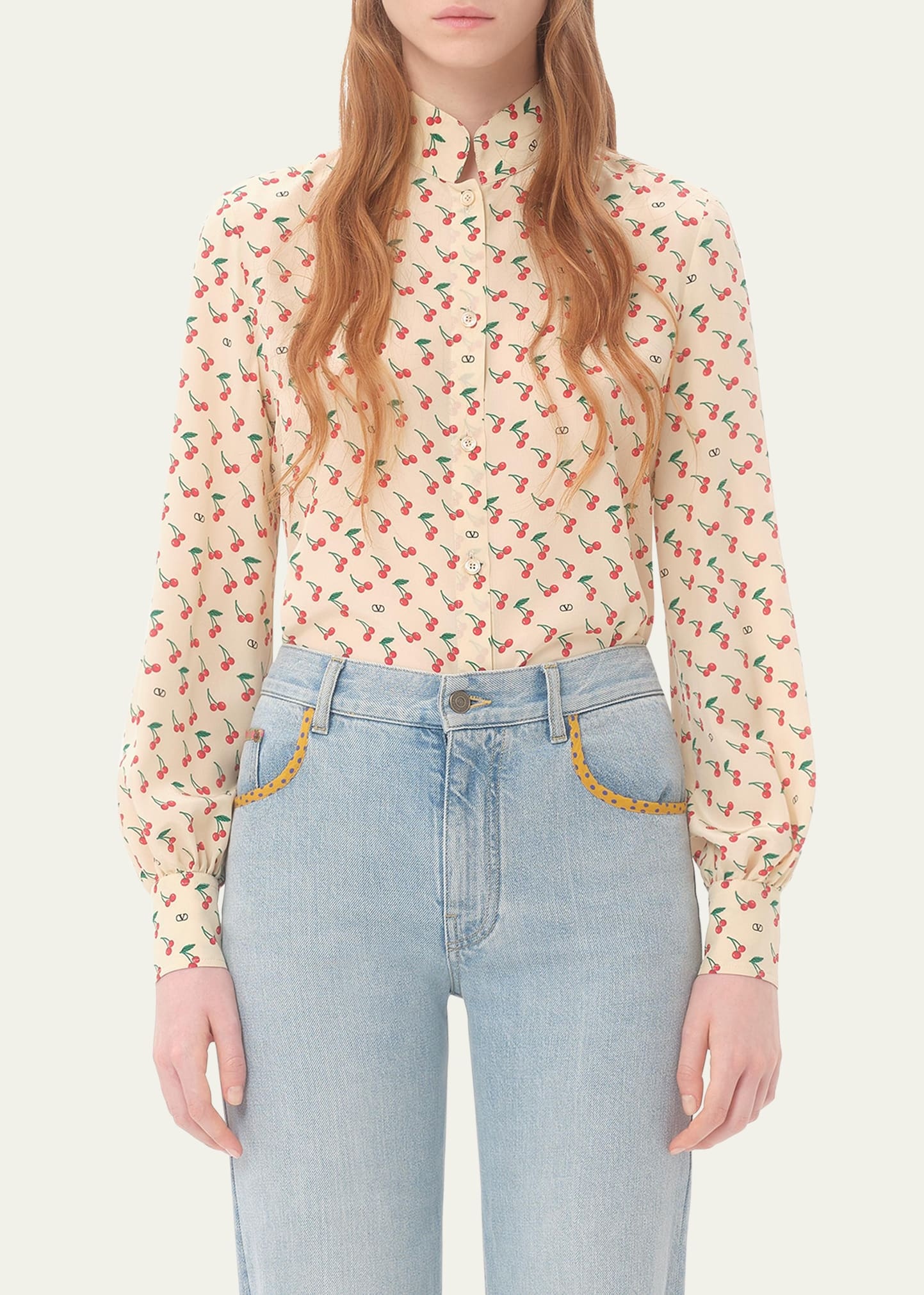 Cherry Print Crepe De Chine Button-Down Blouse - 4