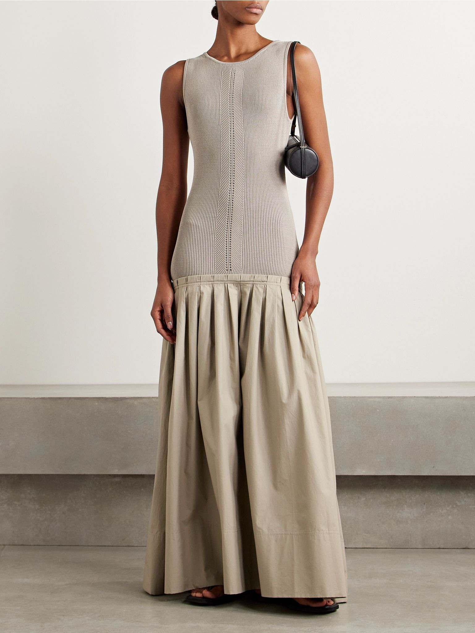 Gene pointelle-knit silk and cotton-blend and pleated cotton-poplin midi dress Taupe - 2