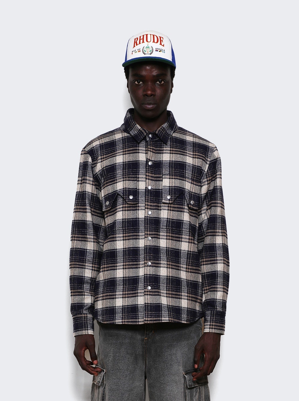 Flannel Long Sleeves Overshirt Dark Navy And Beige - 2