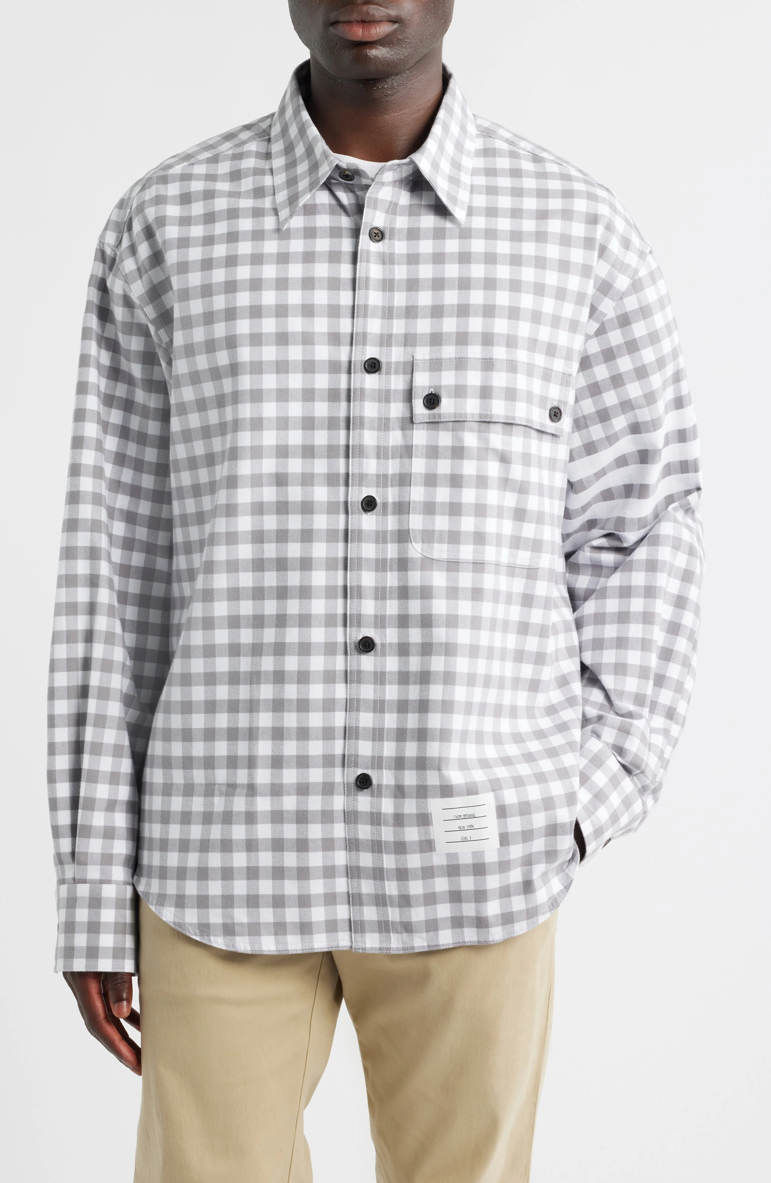 Thom Browne Oversize 4-Bar Gingham Check Flannel Button-Up Shirt in Medium Grey at Nordstrom - 1