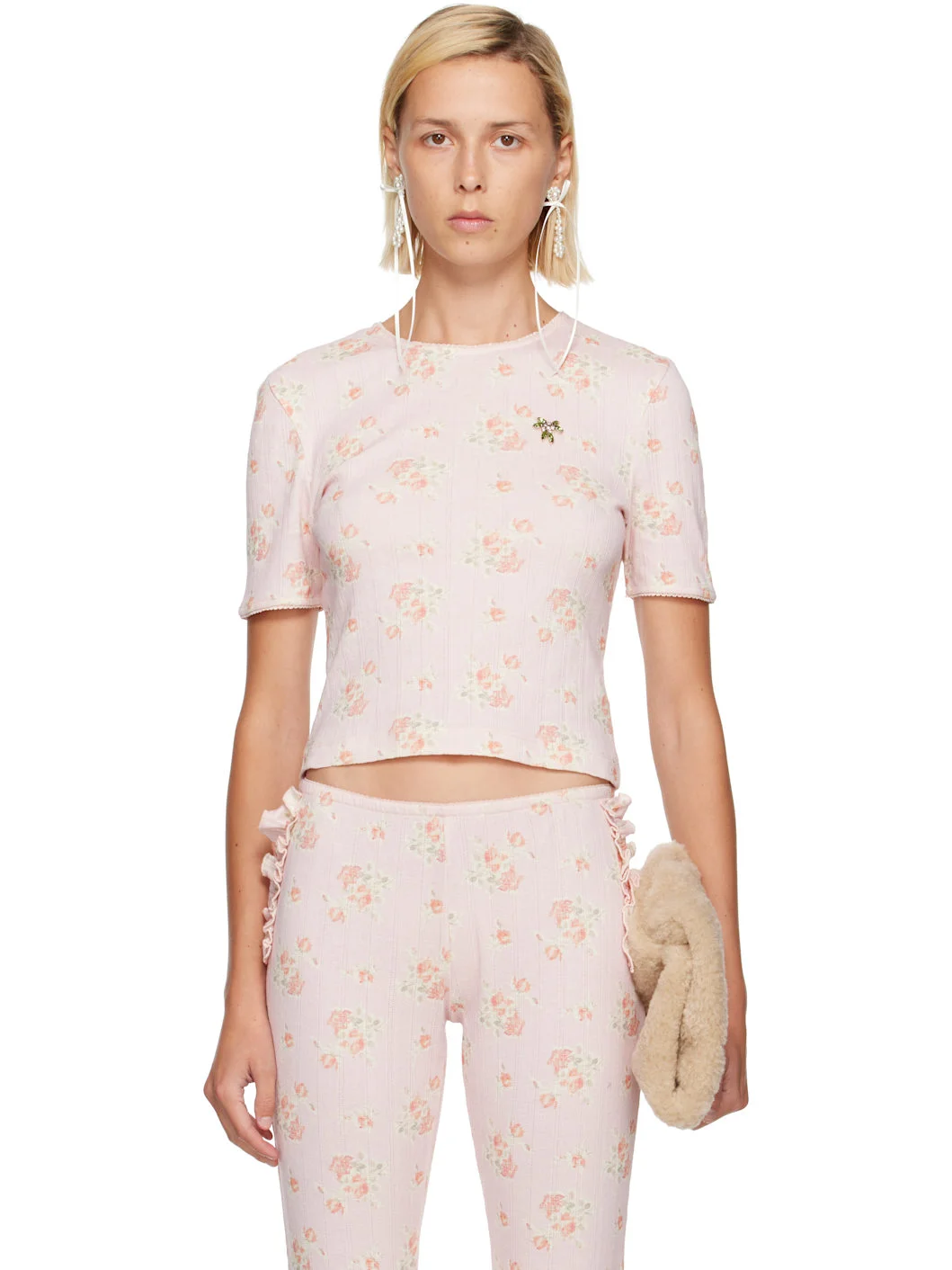 Pink Cropped Pointelle T-shirt - 1