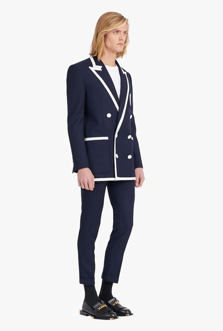 Navy blue wool blazer with embroidered Balmain logo and double-breasted white buttoned fastening - 7