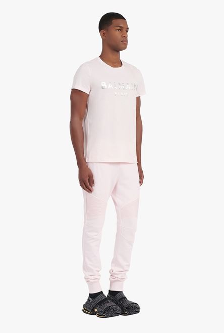 Pale pink eco-designed cotton T-shirt with silver Balmain Paris logo print - 6