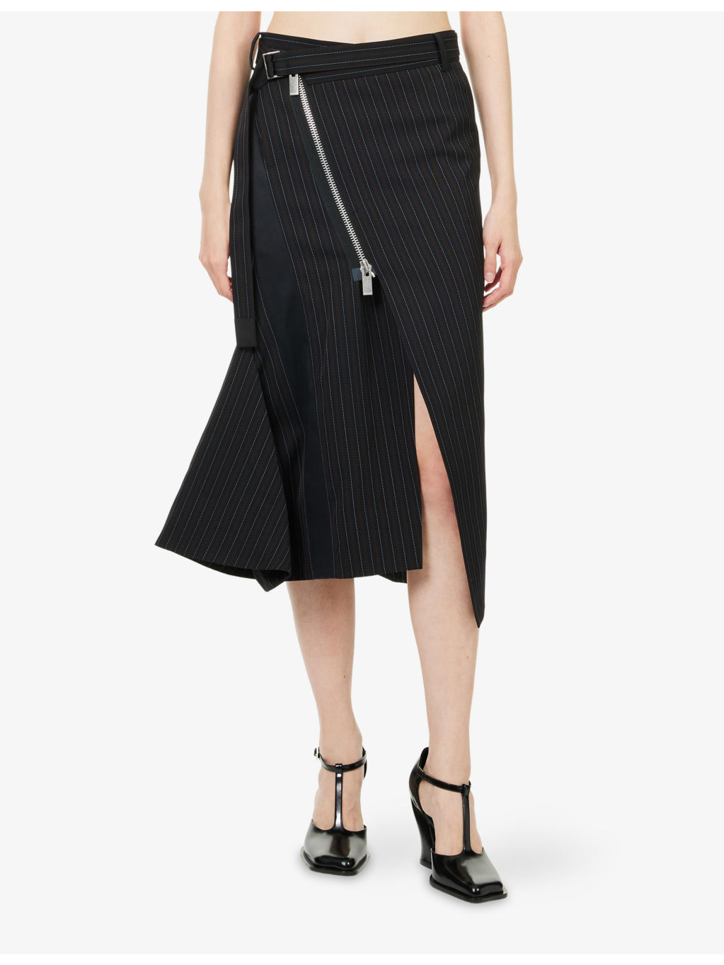 Stripe-Pattern Belted Wool-Blend Midi Skirt - 3