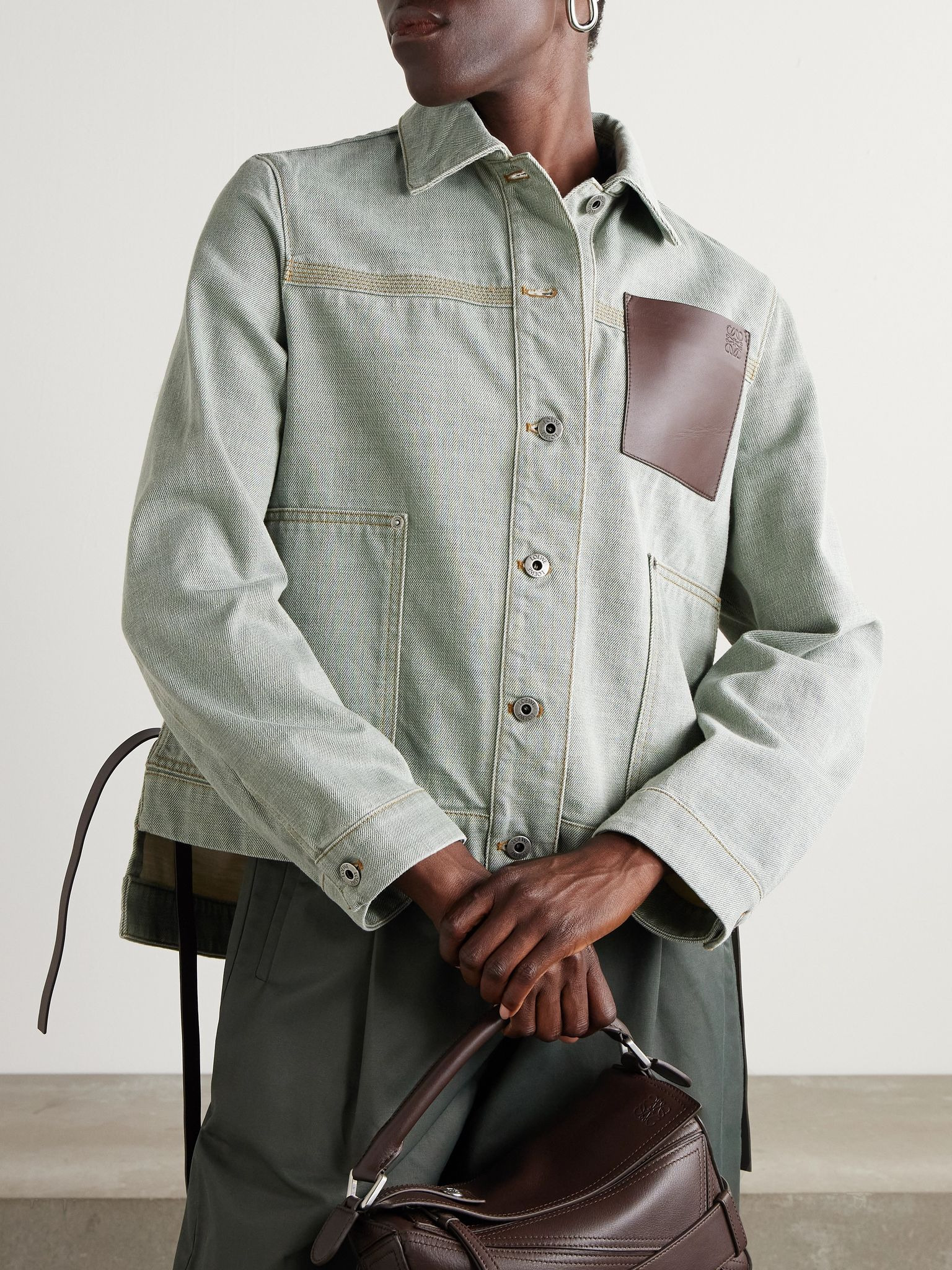 Leather-trimmed denim jacket Green - 3