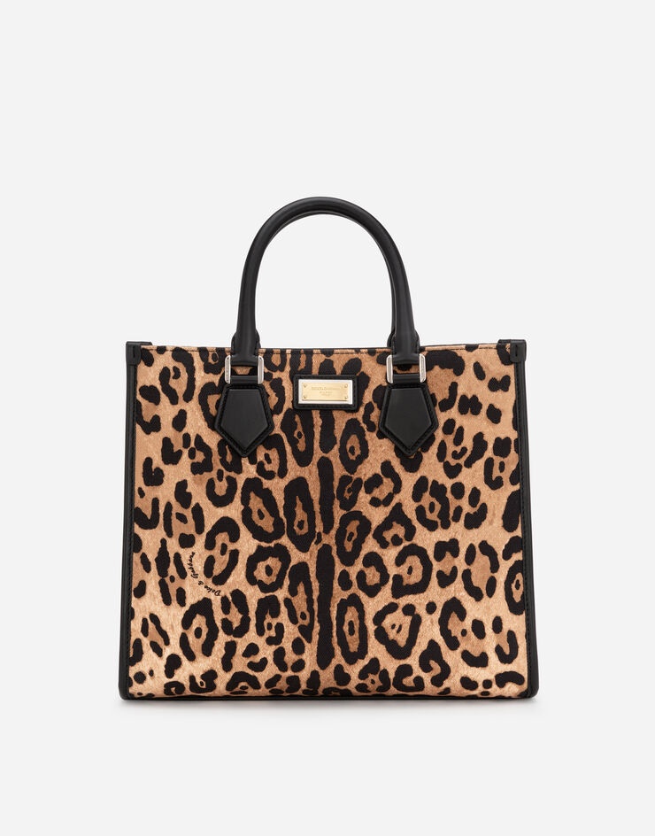 Leopard-print canvas shopper with calfskin nappa details - 1