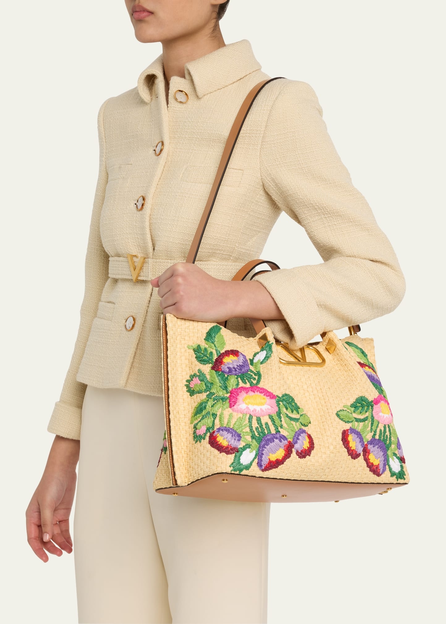 Floral Embroidered Raffia Medium Shopping Tote Bag - 2