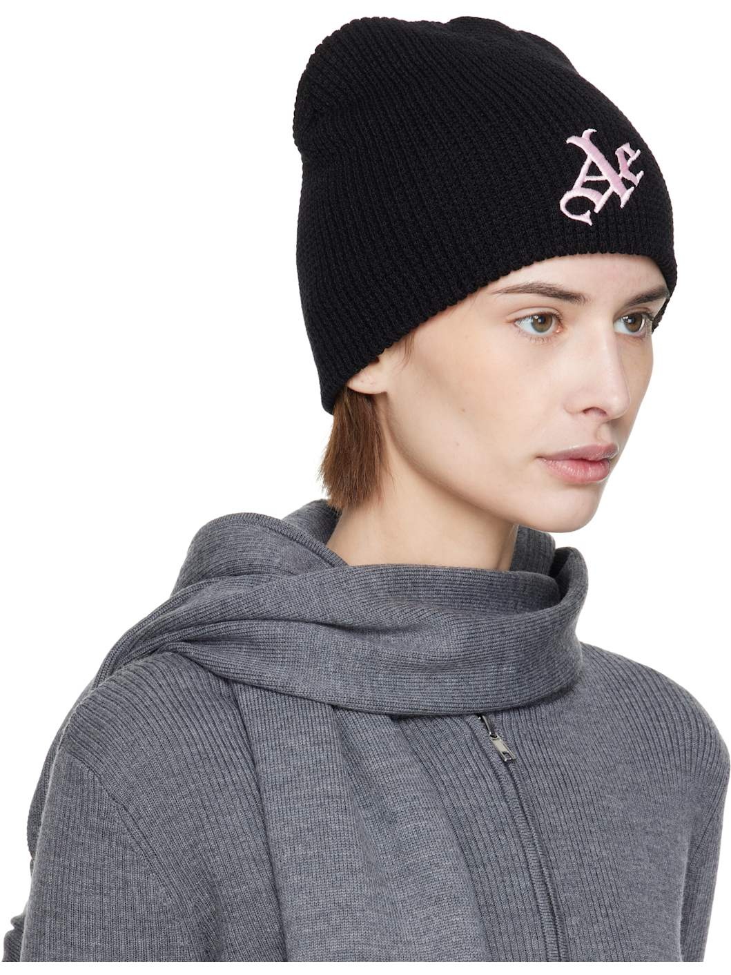 Black 'AE' Waffle Beanie - 2