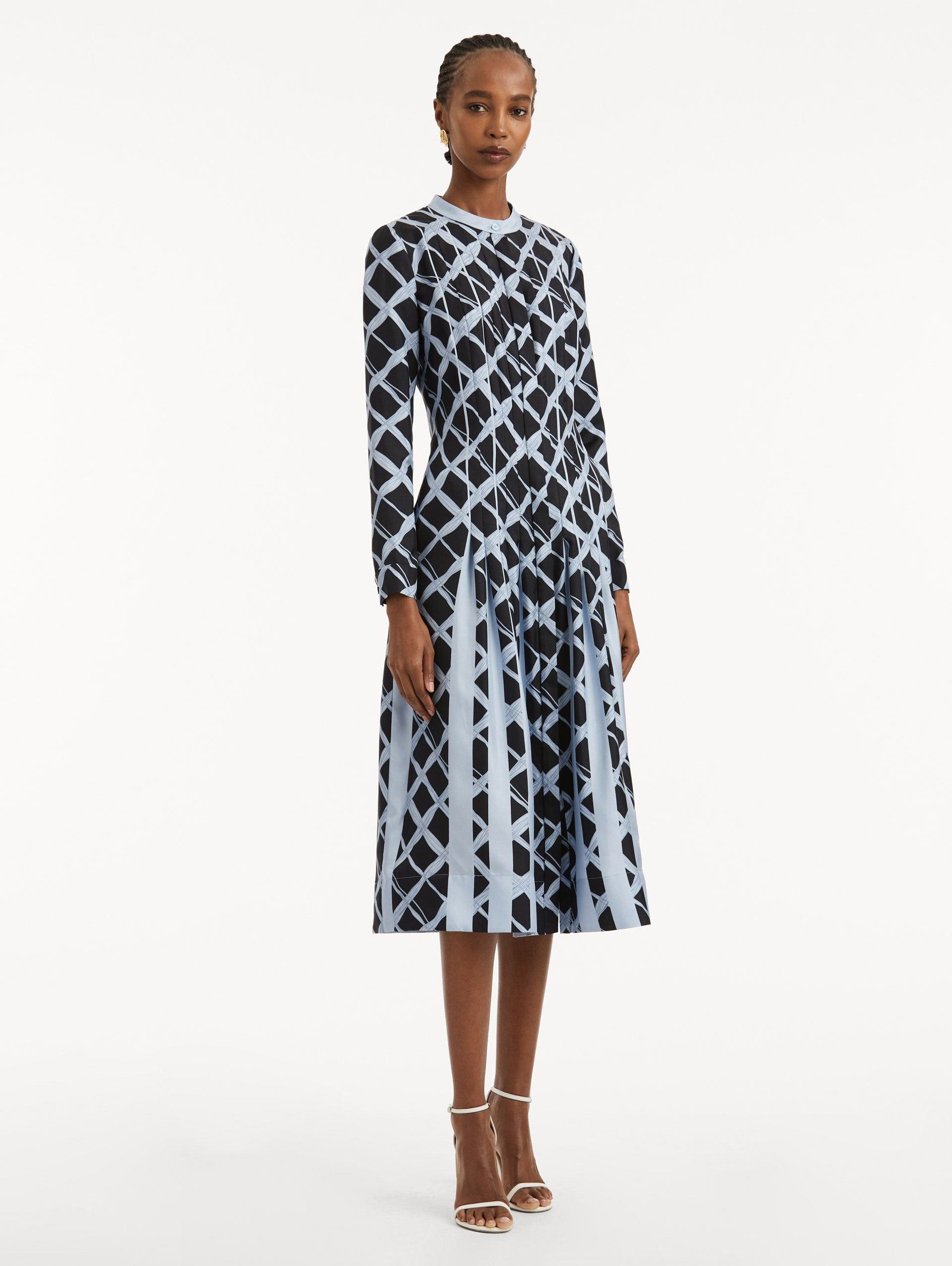 WAVY PLAID INSET SILK TWILL DRESS - 4
