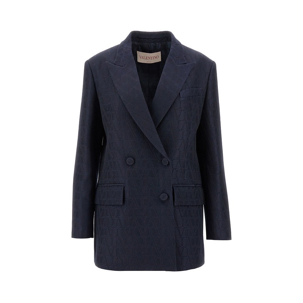 Brand-embroidery double-breasted regular-fit wool and silk blazer - 1