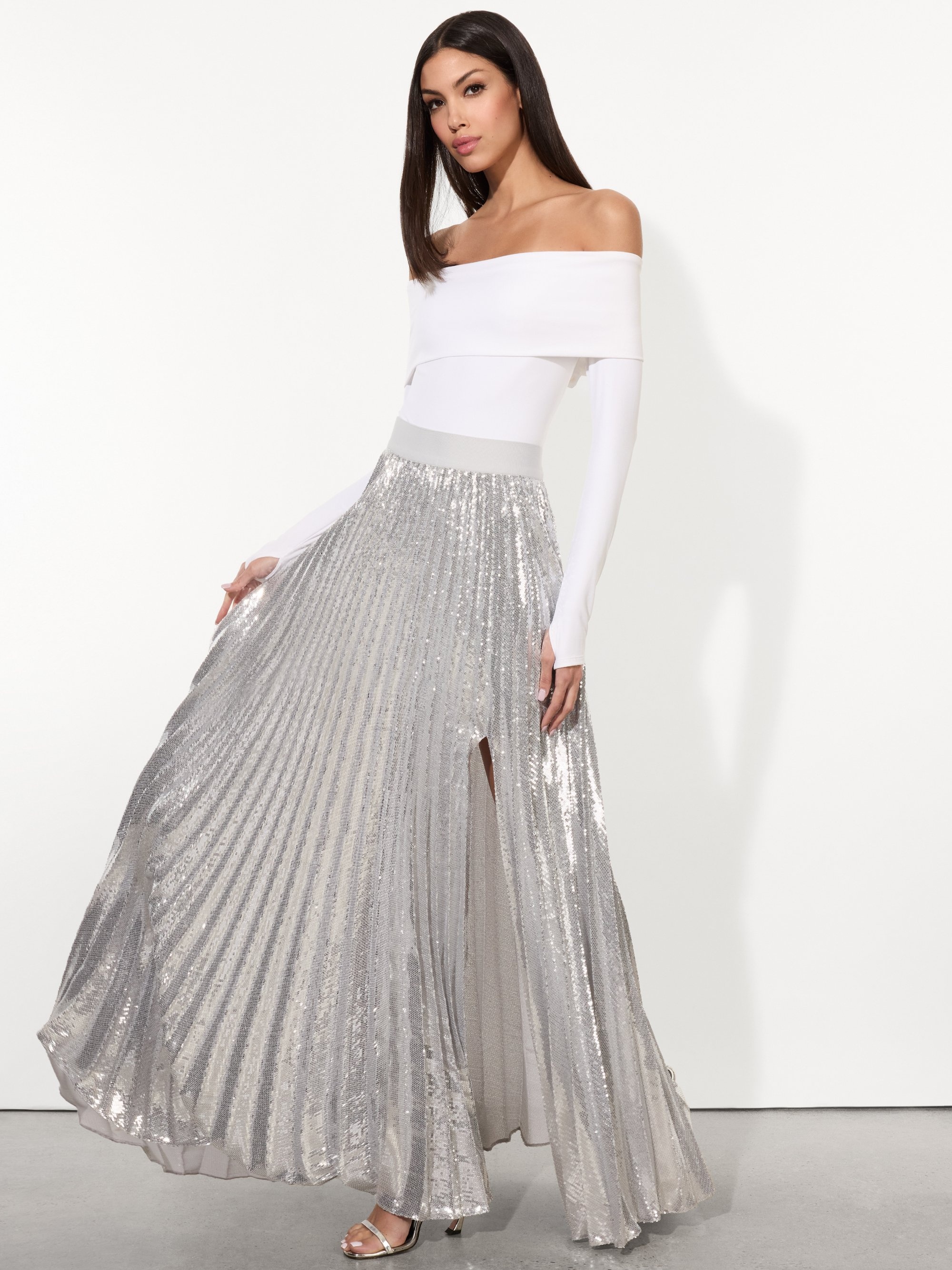 IVEY SEQUIN SUNBURST PLEATED MAXI SKIRT WITH SLIT - 3