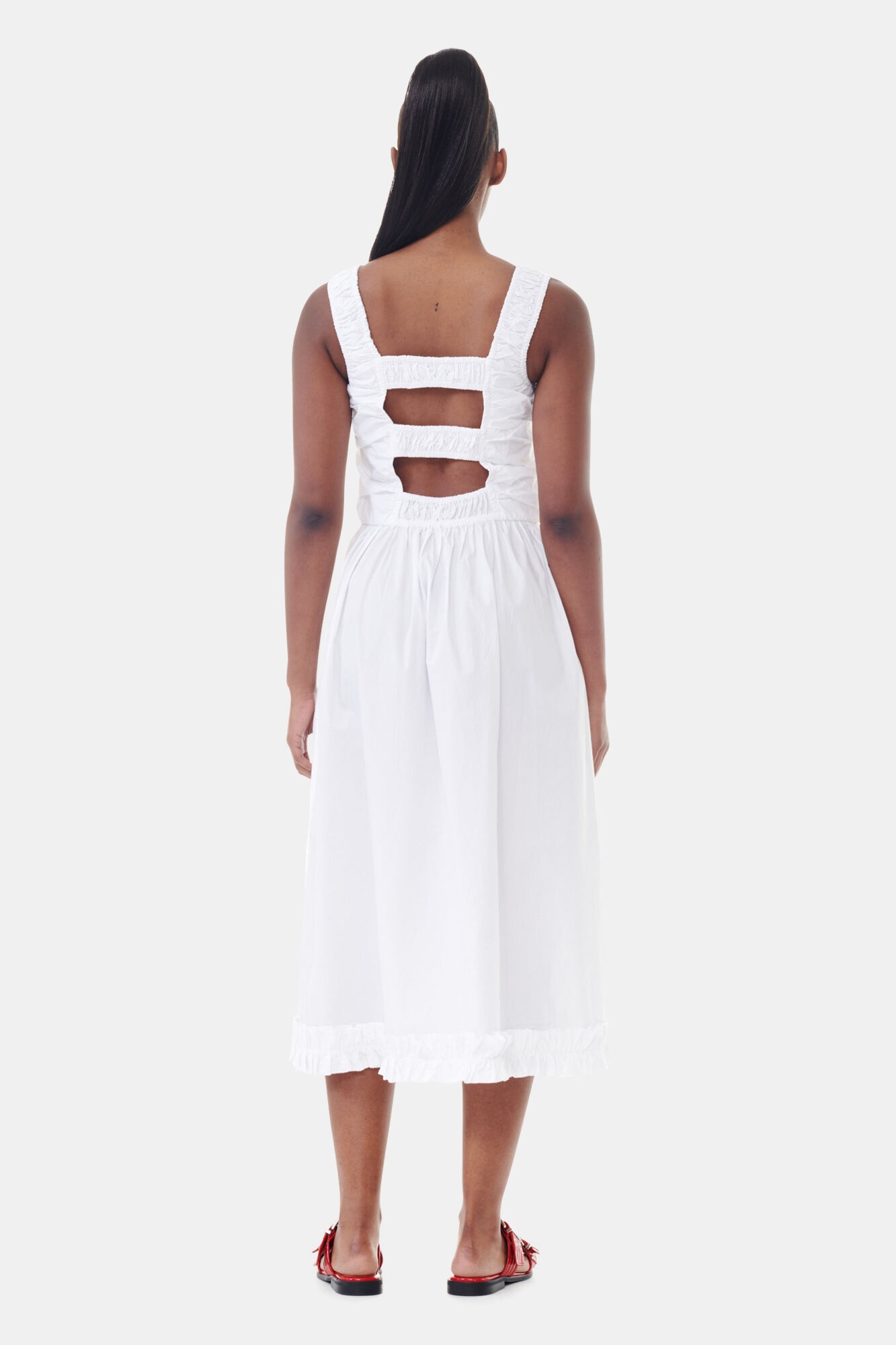 WHITE COTTON POPLIN MIDI STRAP SMOCK DRESS - 5
