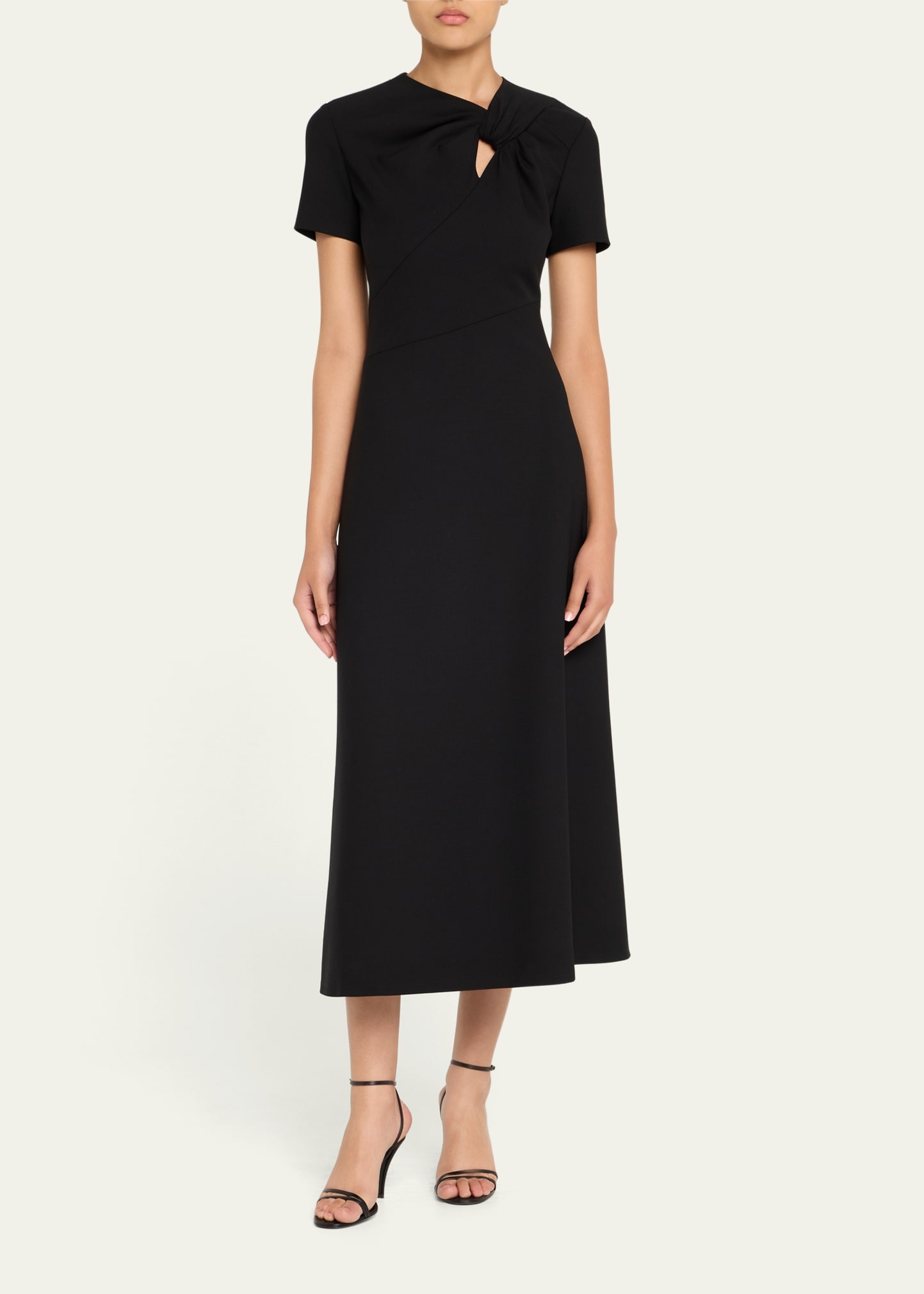 Twisted-Neck Short-Sleeve Double Stretch Wool Midi Dress - 2