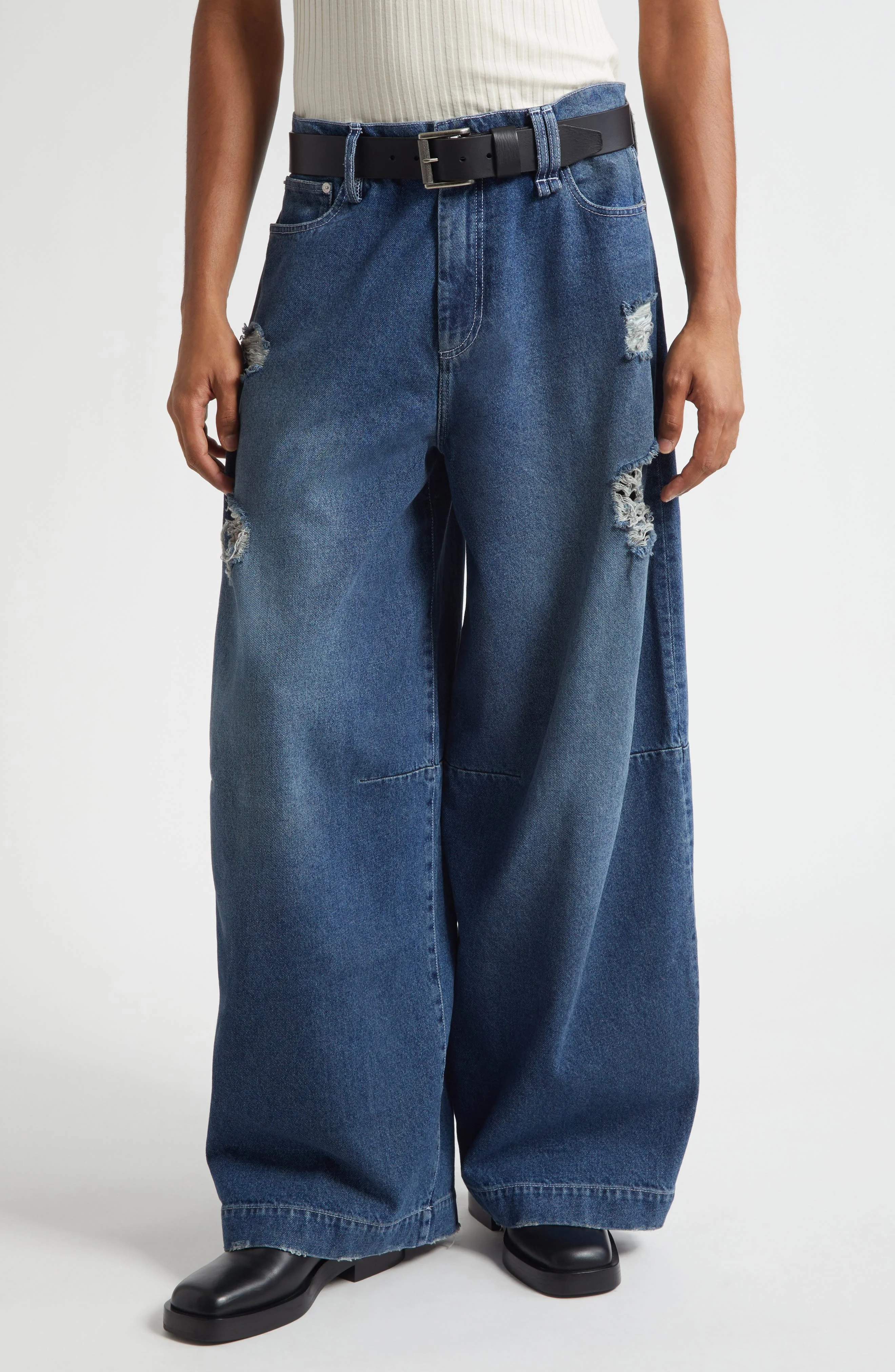 Simone Rocha Puddle Distressed Wide Leg Jeans in Distressed Blue at Nordstrom - 1