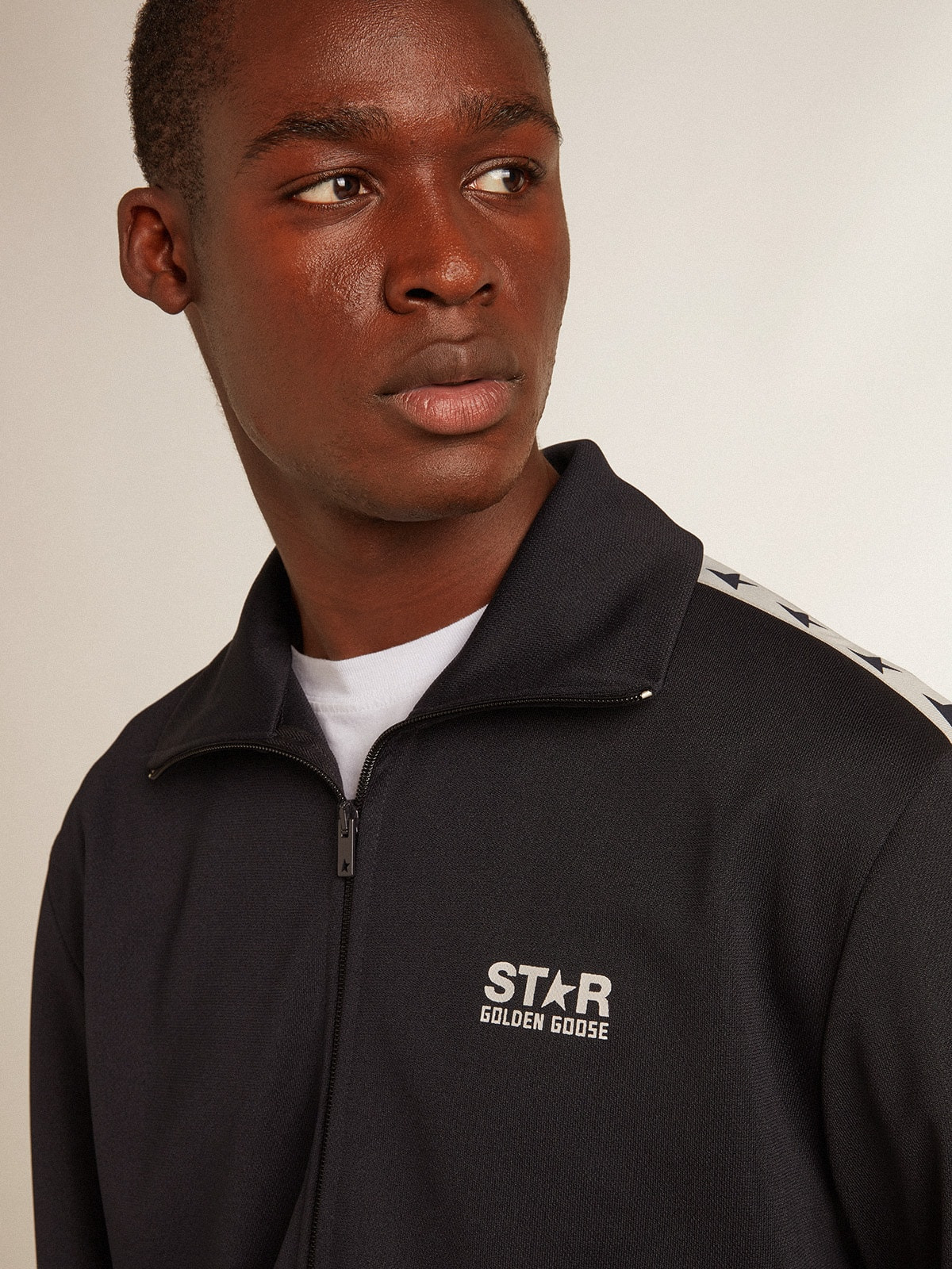 Dark blue sweatshirt with white strip and contrasting blue stars - 2