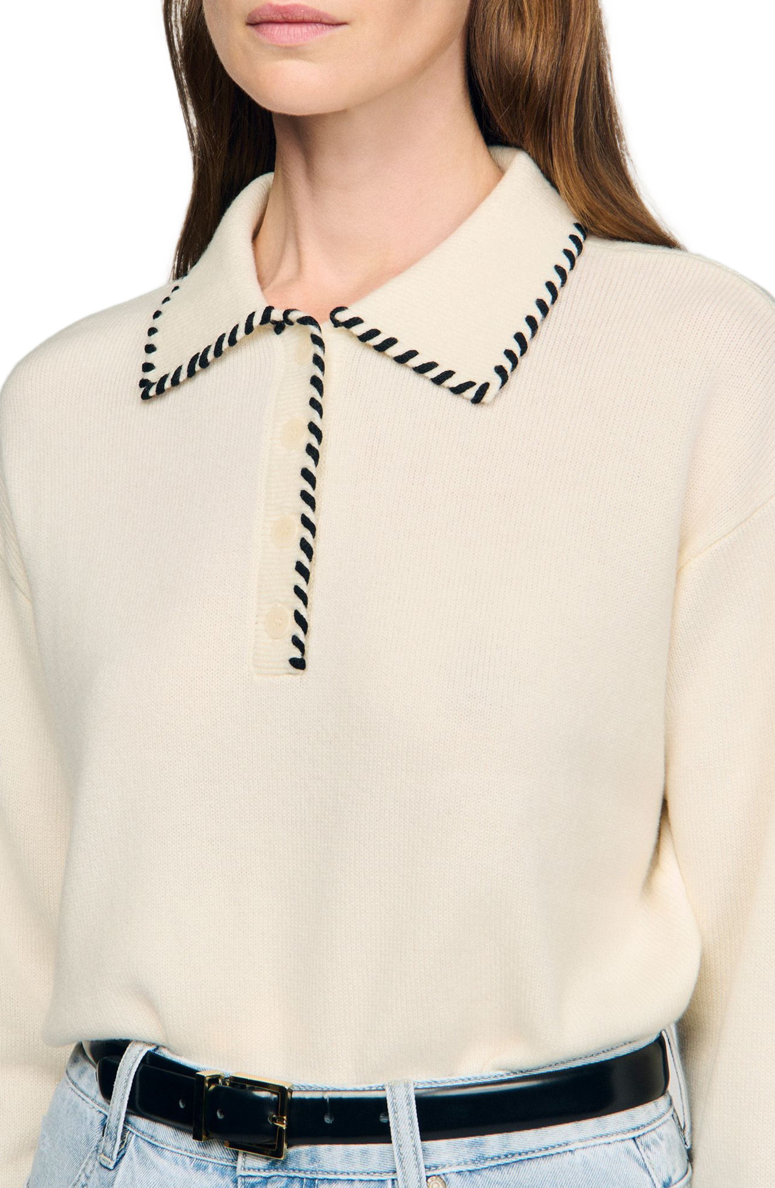 SANDRO Contrast polo-neck knit sweater in Ecru /Black at Nordstrom - 4