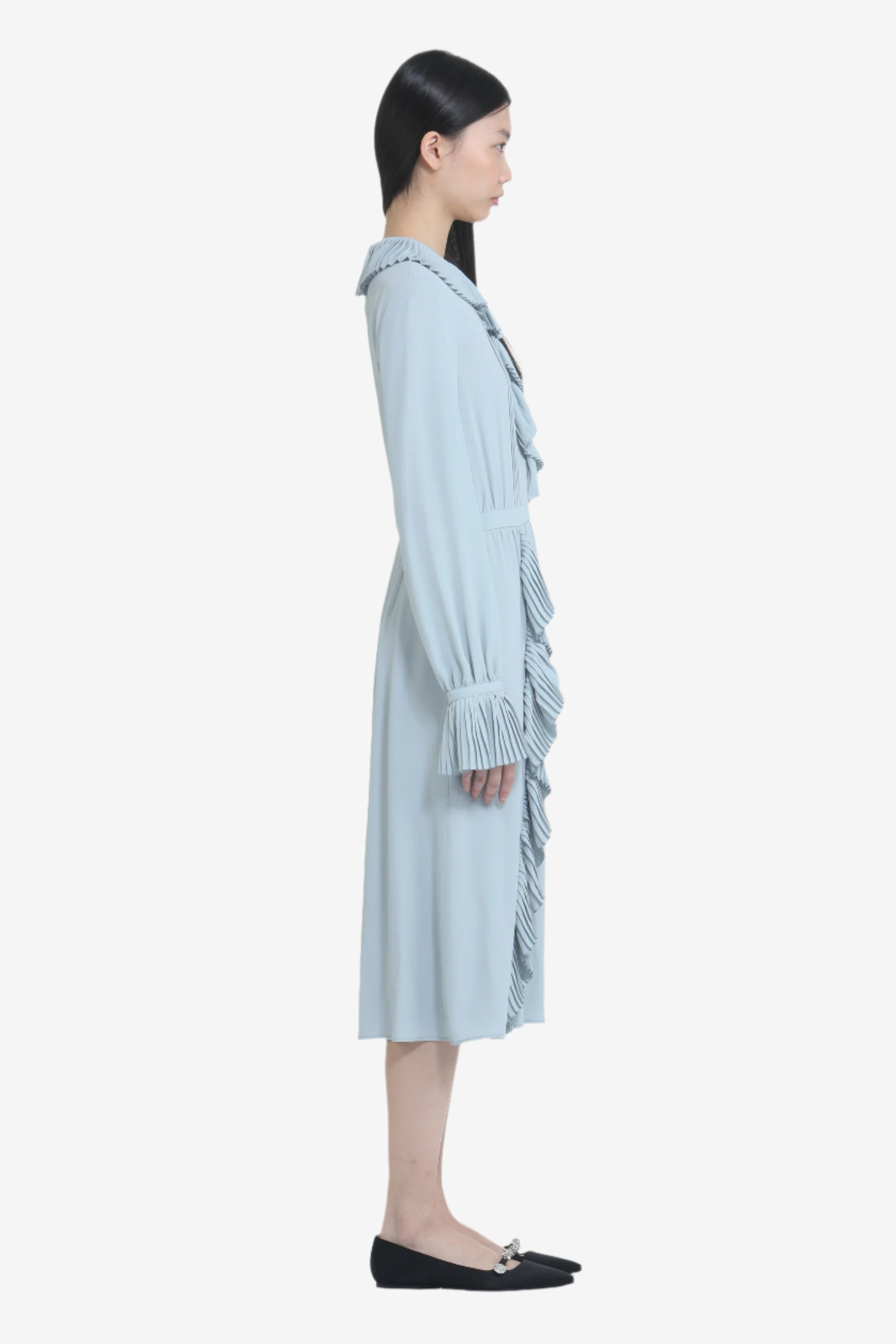 BELOW-THE-KNEE DRESS WITH RUFFLES AND PLEATED COLLAR - 3