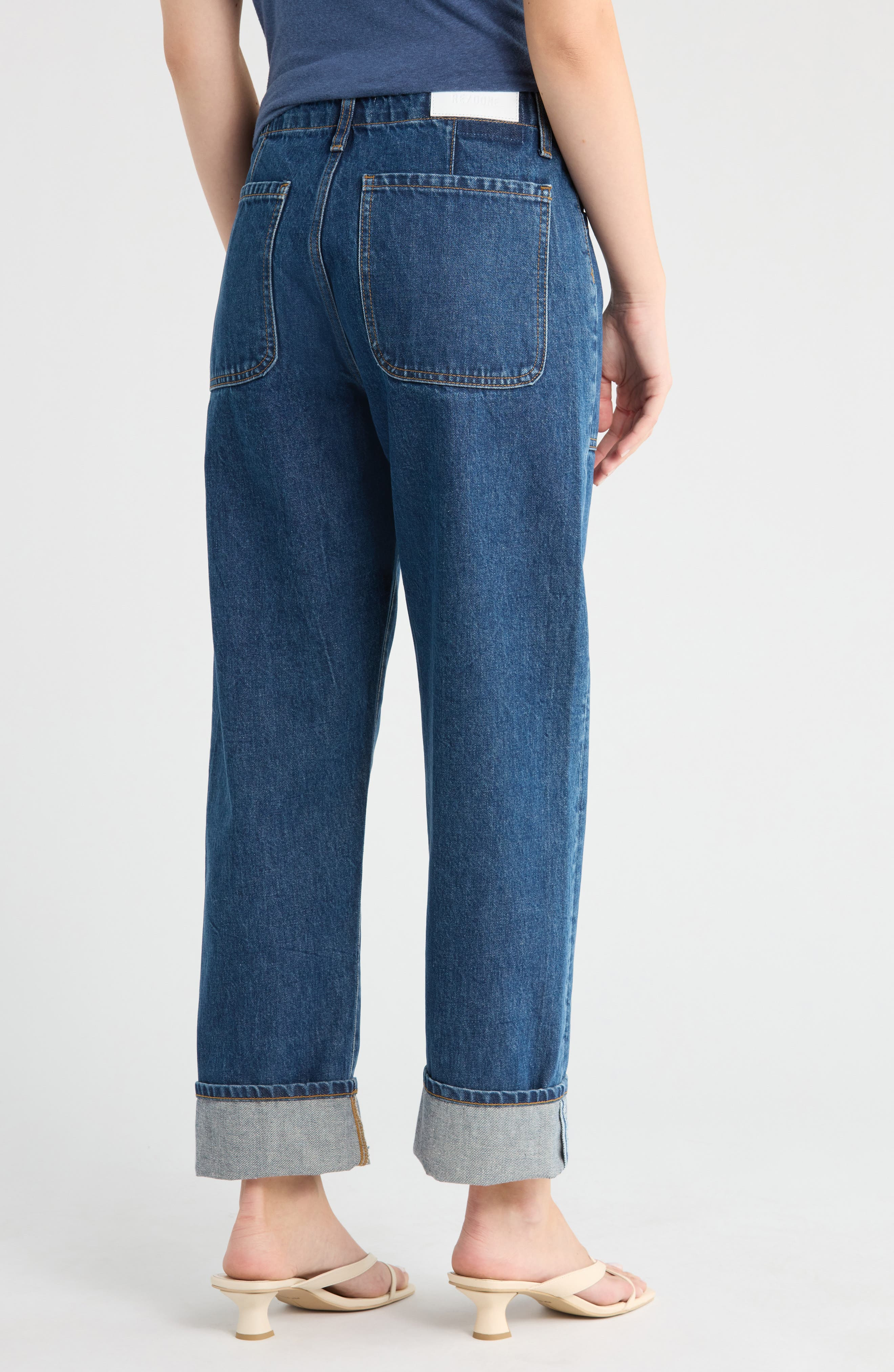 Re/Done The Bender High Waist Cuff Straight Leg Jeans in Rustic Indigo at Nordstrom - 2