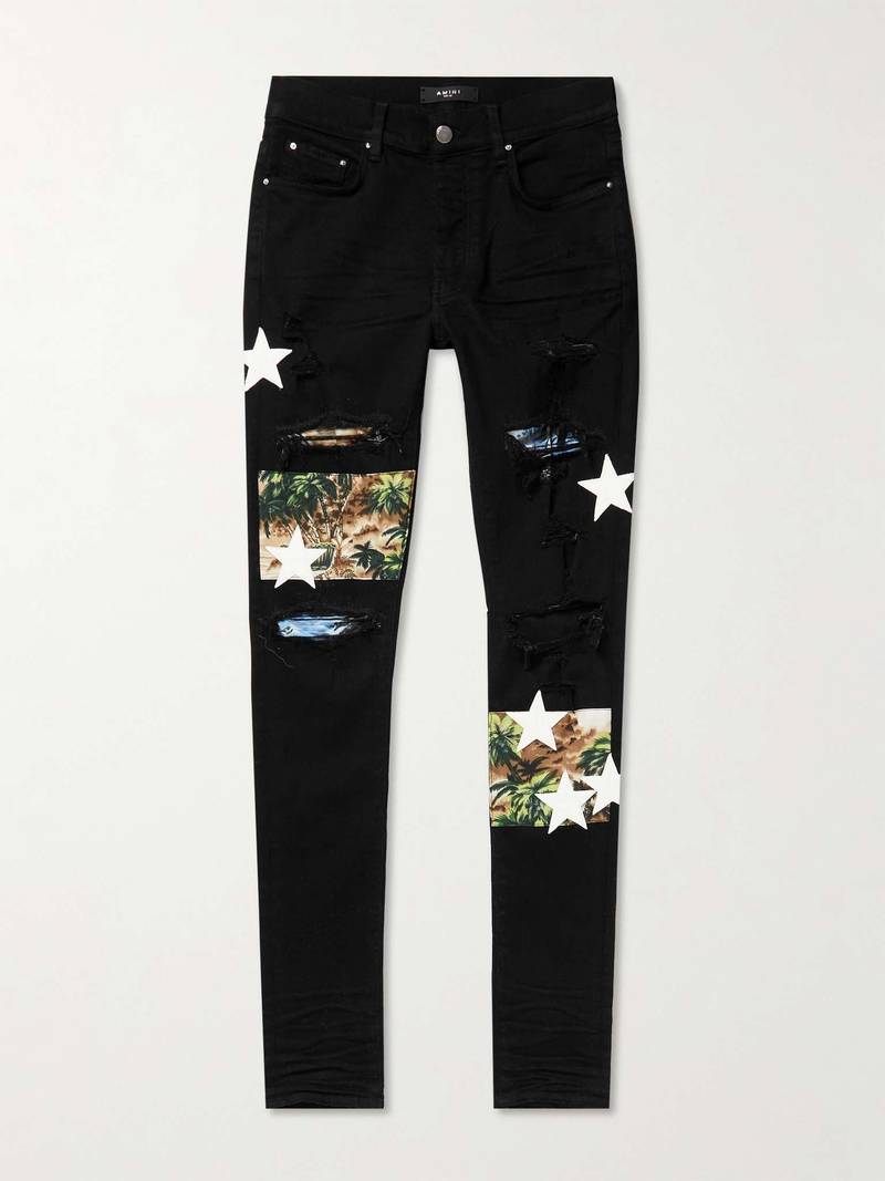 Skinny-Fit Leather-Appliquéd Panelled Distressed Jeans - 1