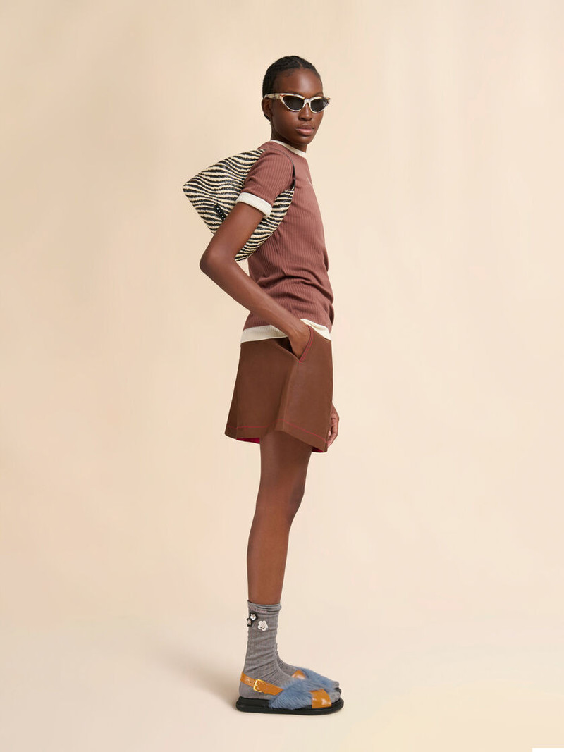 BROWN RIBBED COTTON T-SHIRT WITH MARNI FRAME LOGO 5