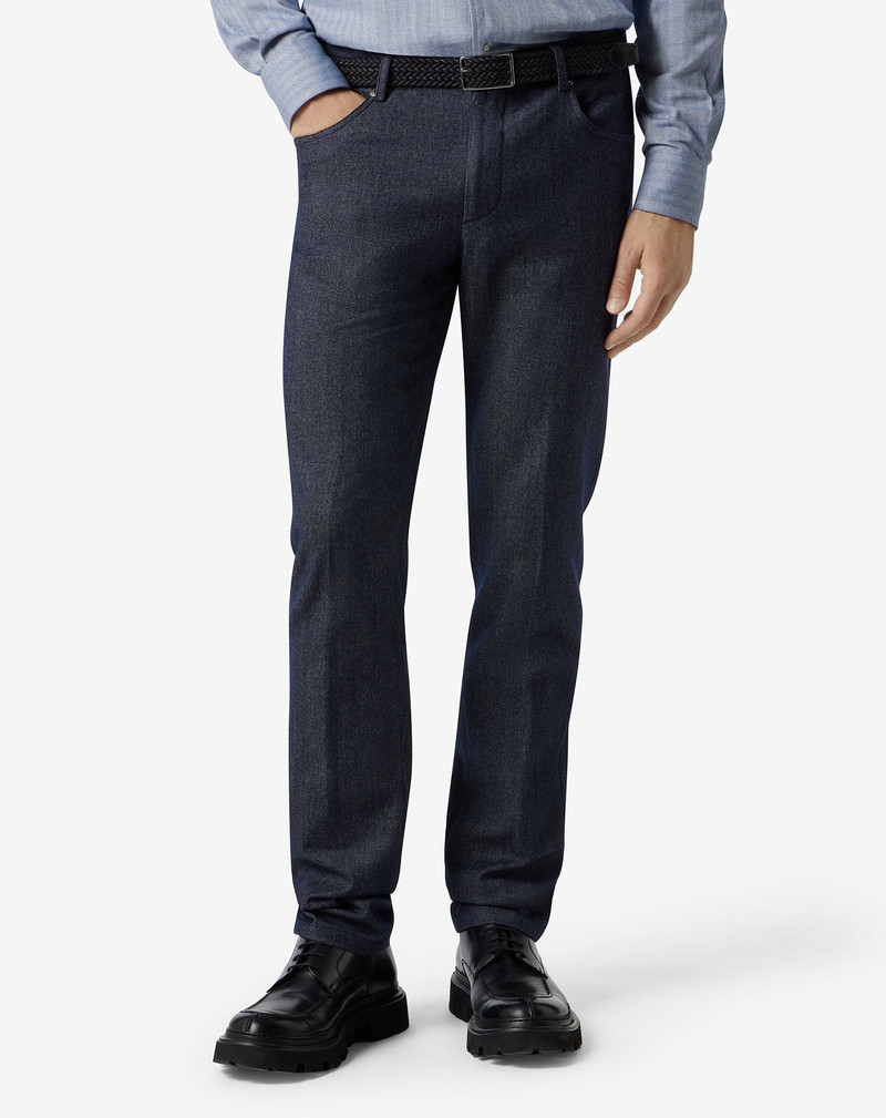 Blue 5-pocket wool and stretch cotton denim trousers 3