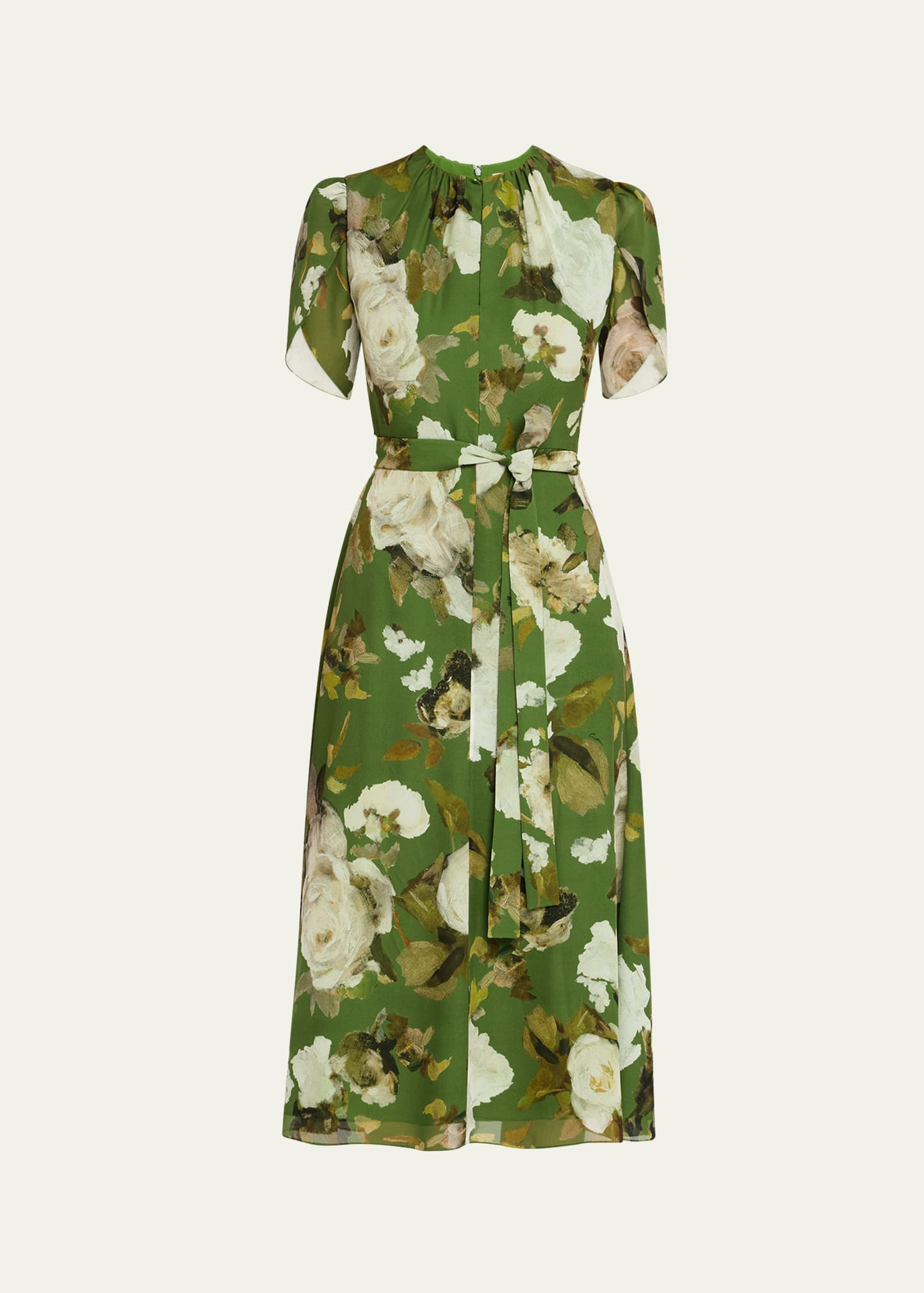 Floral Silk Short-Sleeve Belted Midi Dress - 1