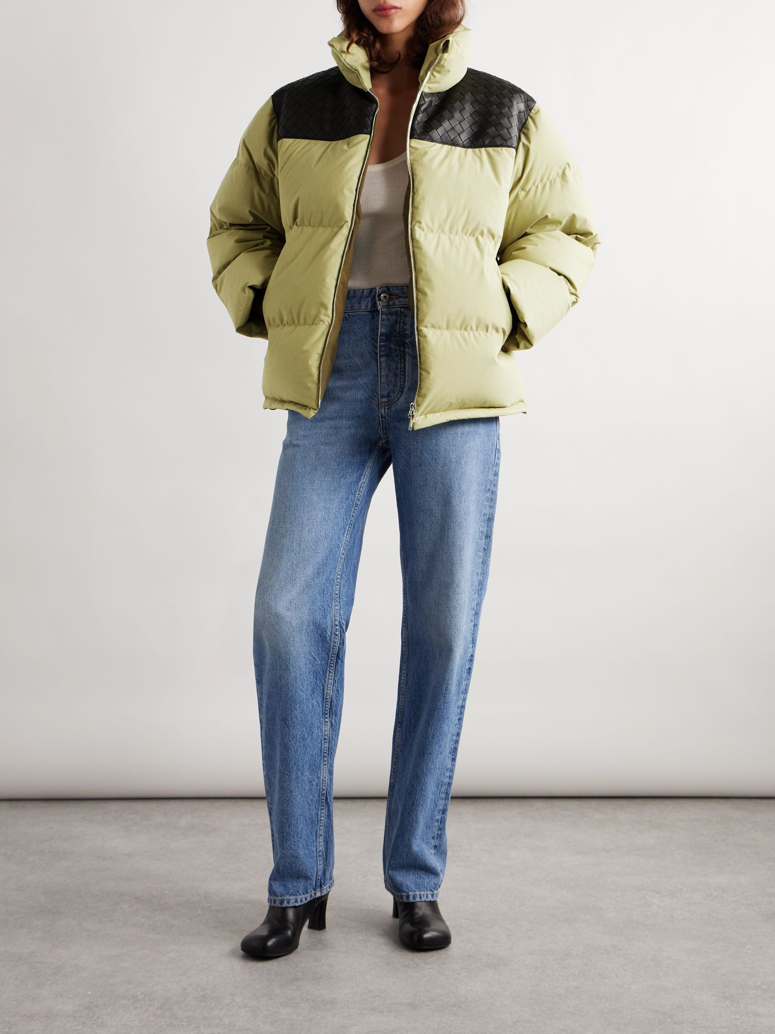 Quilted intrecciato leather-trimmed padded cotton-shell down jacket Green - 2